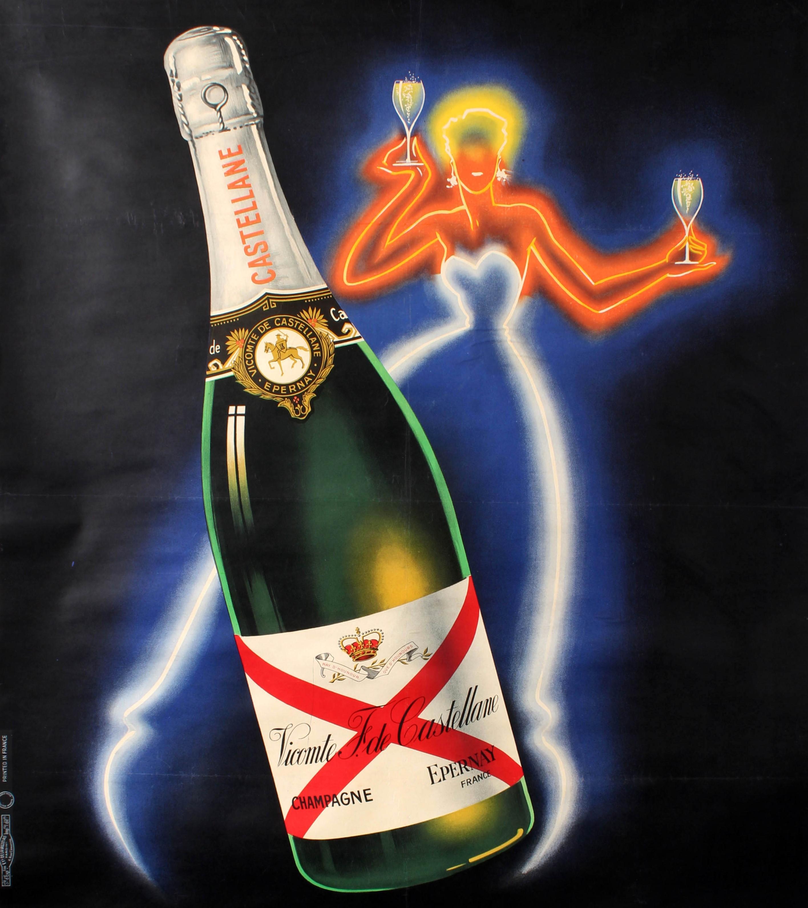 Original-Vintage-Poster Champagner De Castellane von Falcucci, Neondesign, Getränkewerbungsplakat (Schwarz), Print, von Robert Falcucci