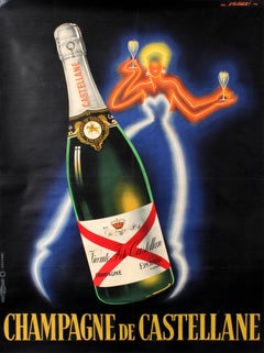 Original-Vintage-Poster Champagner De Castellane von Falcucci, Neondesign, Getränkewerbungsplakat