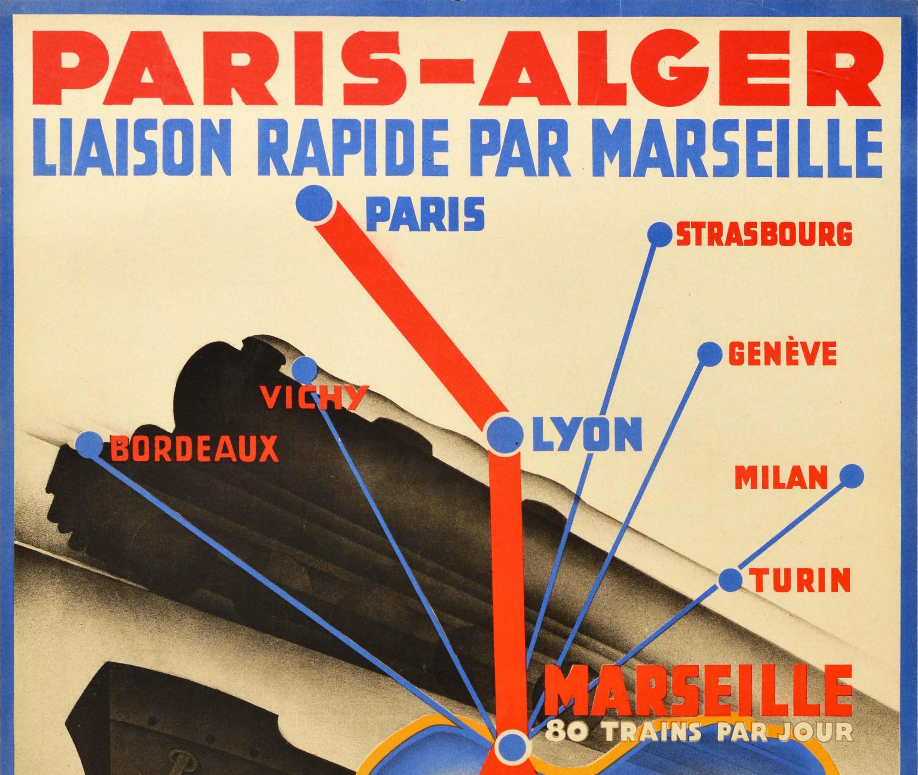 Original Vintage PLM Cartel ferroviario París Argelia Europa Norte de África Mapa de ruta - Print de Robert Falcucci
