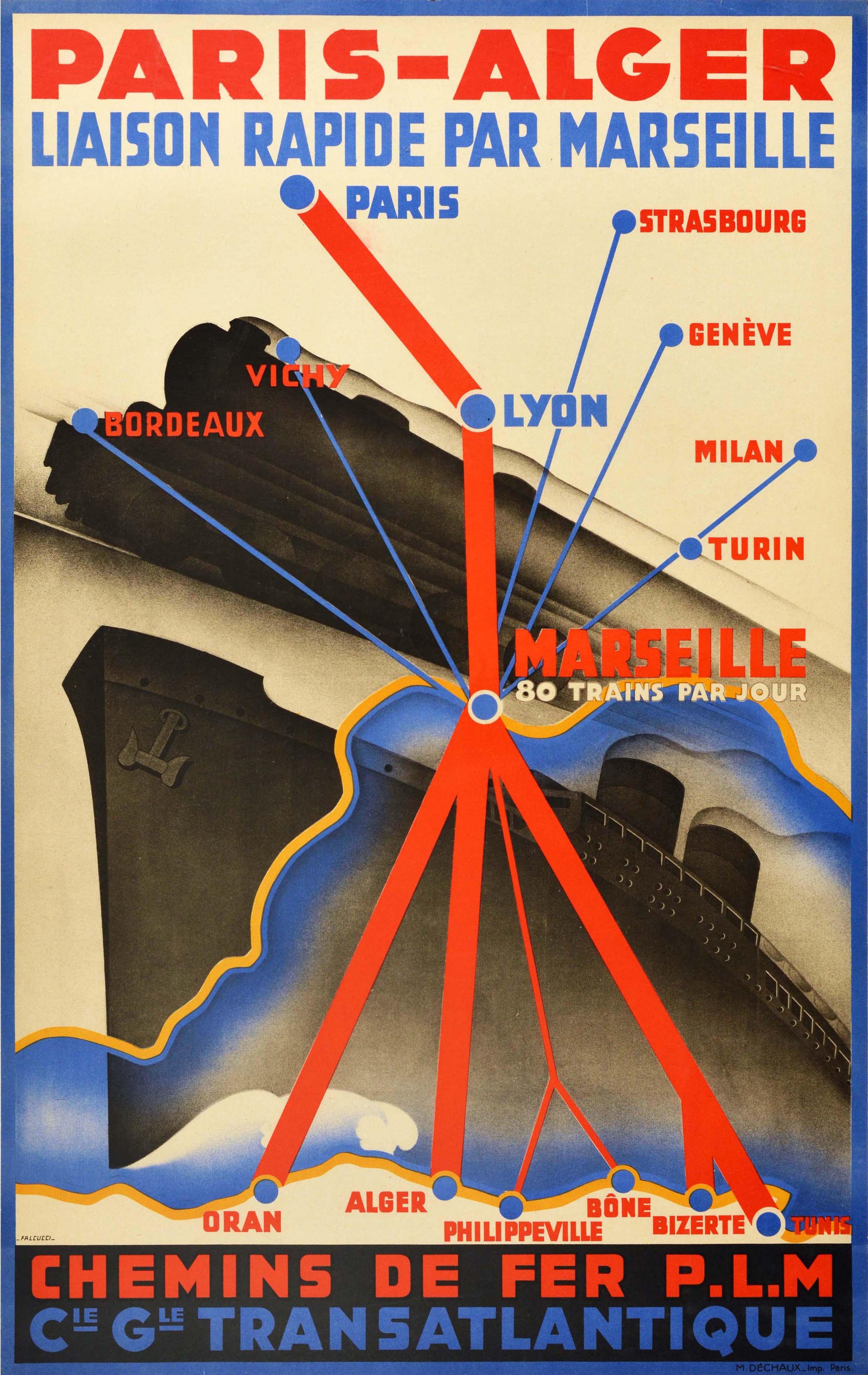 Robert Falcucci Print - Original Vintage PLM Railway Poster Paris Algeria Europe North Africa Route Map