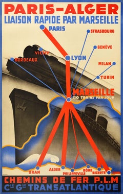 Original Vintage PLM Railway Poster Paris Algeria Europe North Africa Route Map