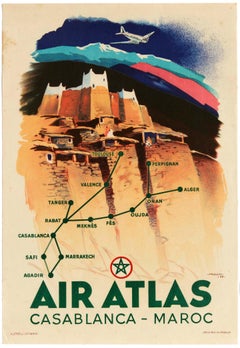 Original Vintage Poster Air Atlas Mountains Travel Map Casablanca Morocco Maroc