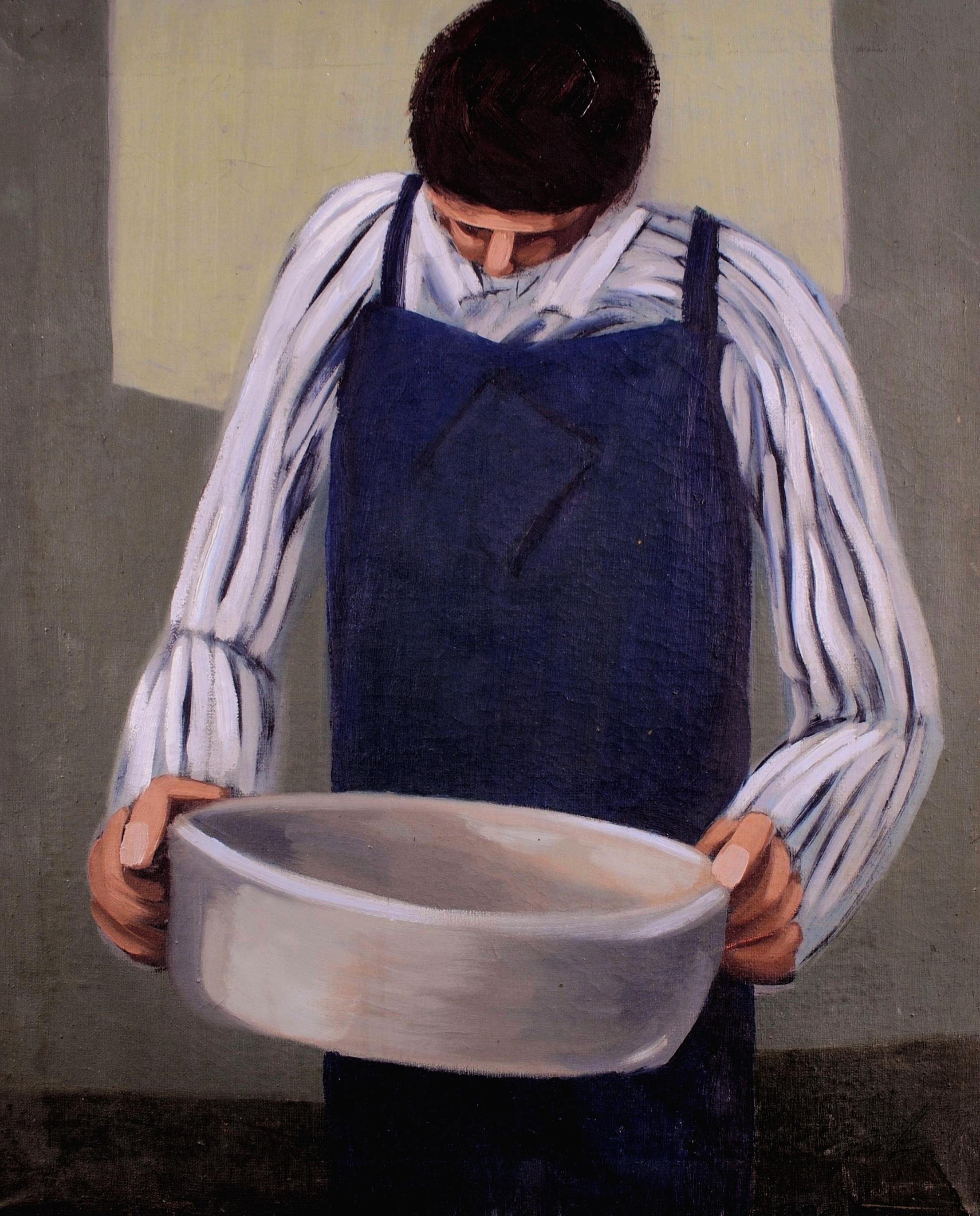 Man with a Bowl - Mid 20th Century Modern British Portrait Oil Painting - Black Portrait Painting by Robert Farquhar