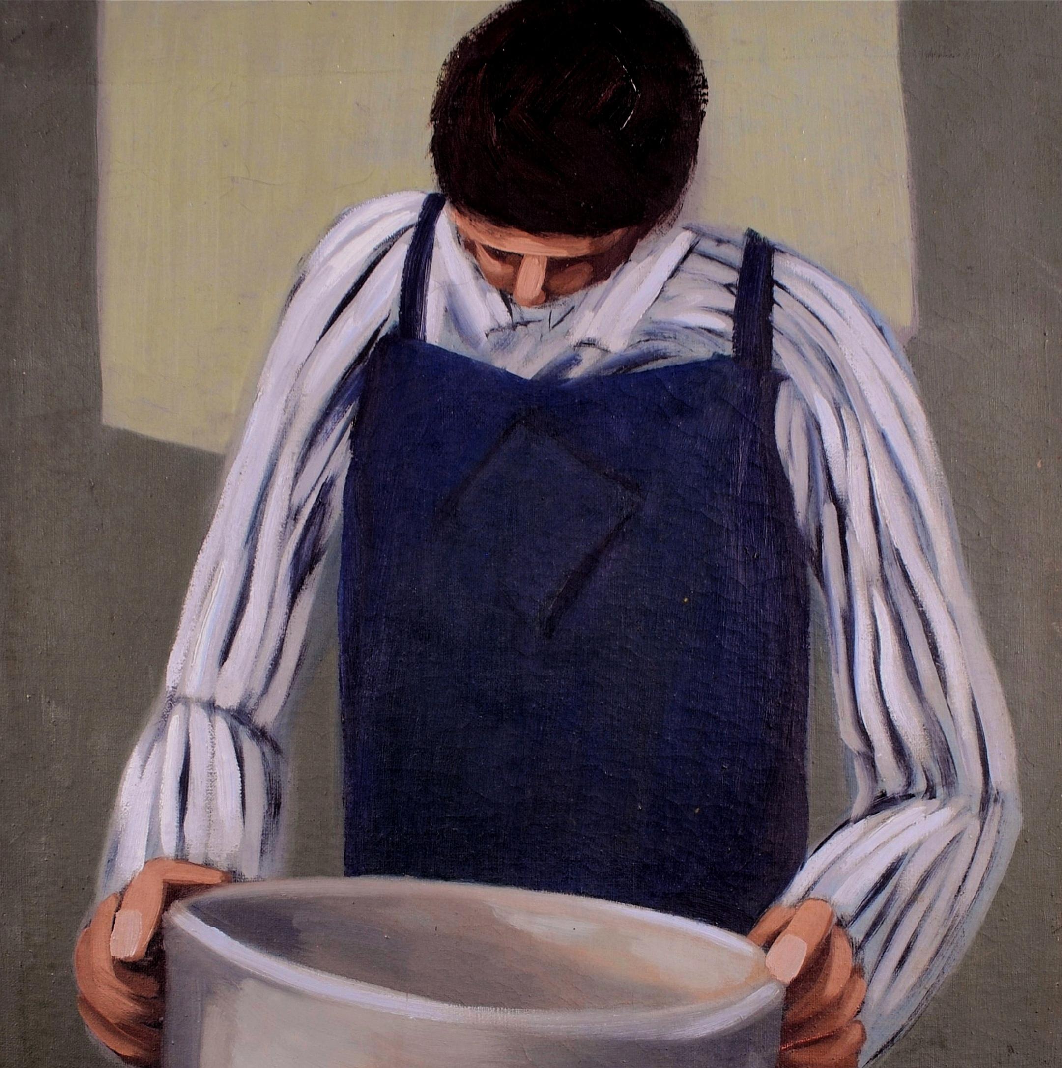 A superb mid 20th century modern British oil on canvas portrait of a man with a bowl, by Robert Farquhar.

The artist is very interesting - an artistic genius who spent 32 years in prison, he won several art prizes and gained several high profile