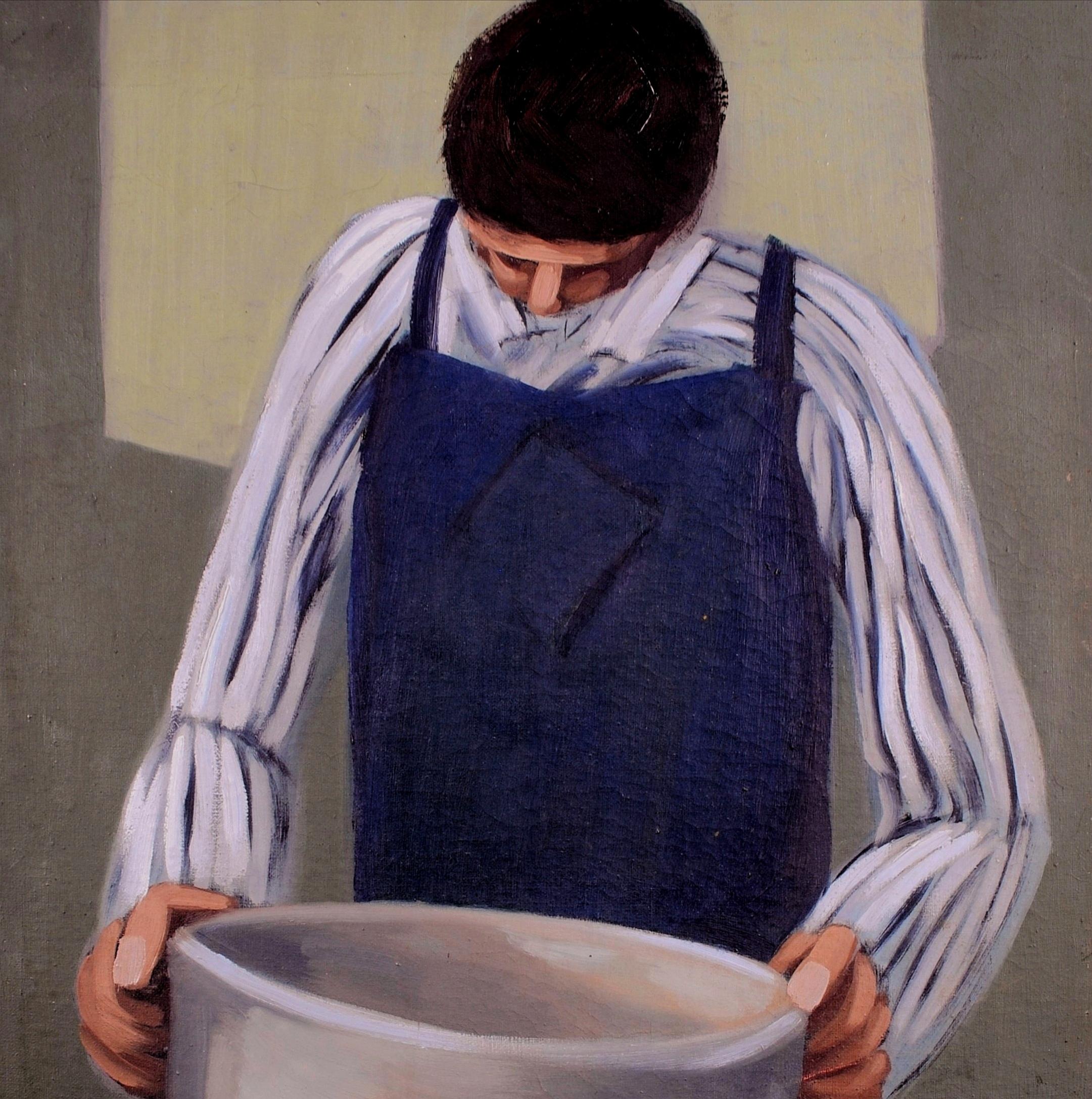Man with a Bowl - Mid 20th Century Modern British Portrait Oil Painting For Sale 1