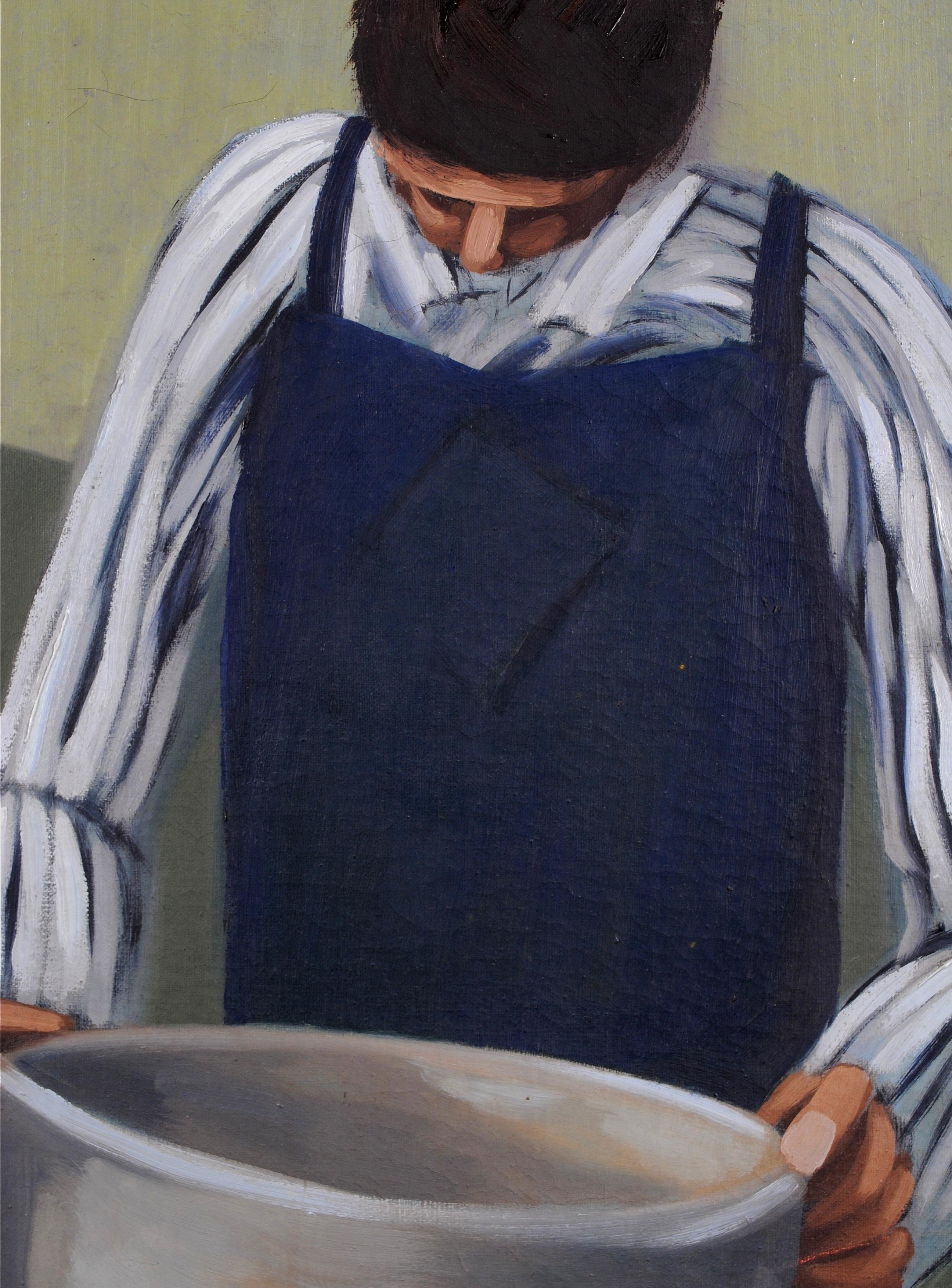 Man with a Bowl - Mid 20th Century Modern British Portrait Oil Painting For Sale 2
