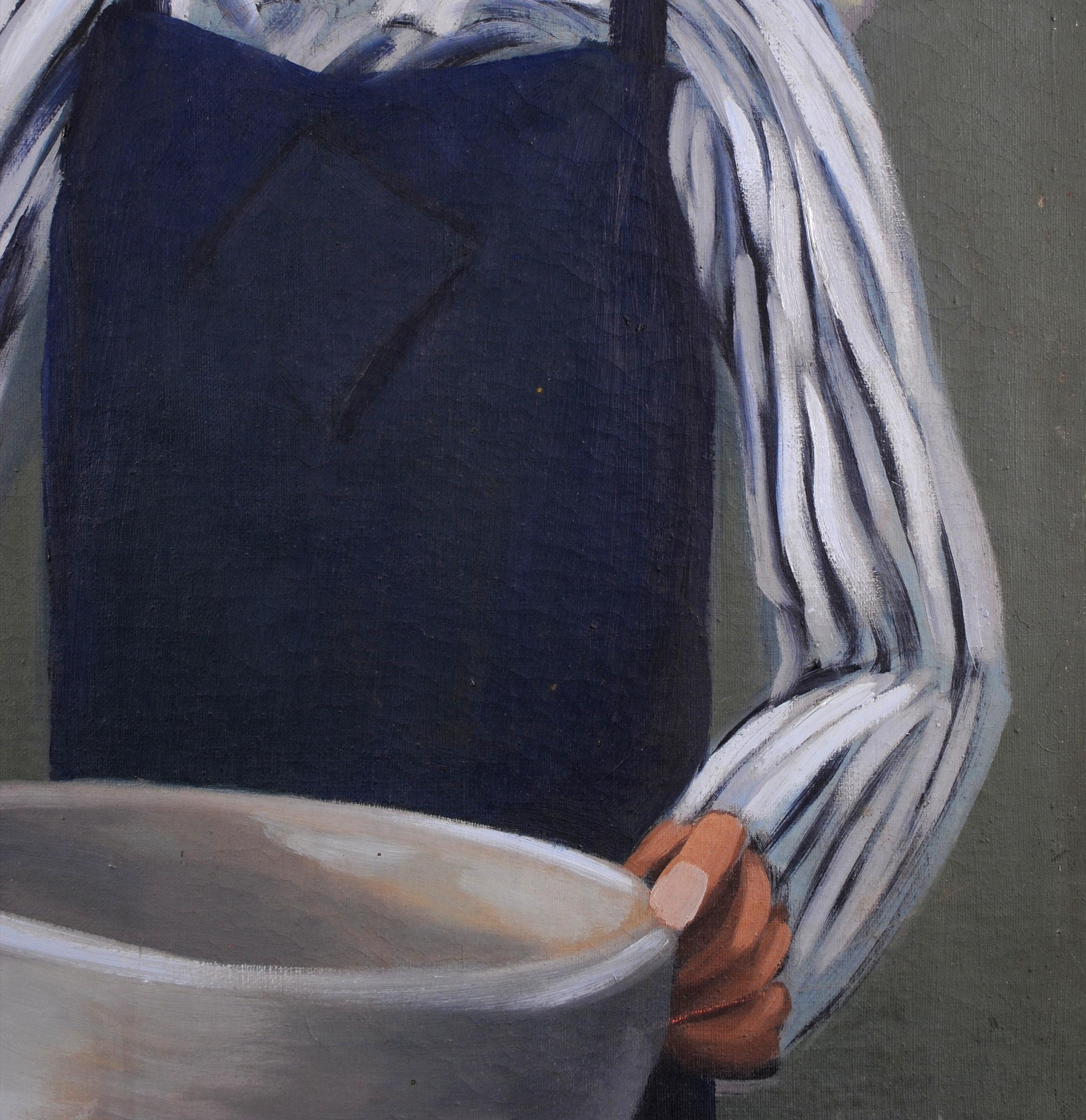 Man with a Bowl - Mid 20th Century Modern British Portrait Oil Painting For Sale 4