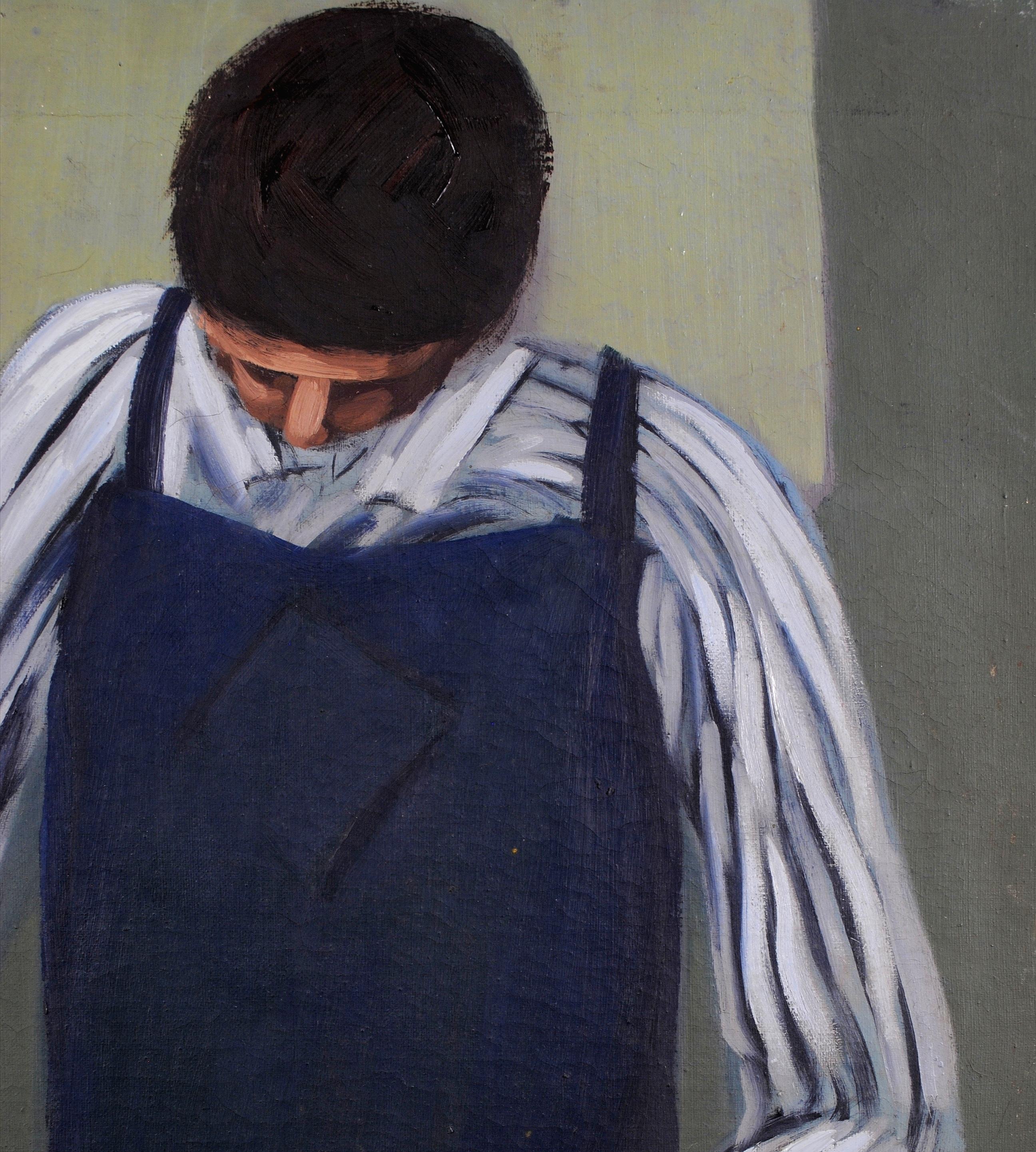 Man with a Bowl - Mid 20th Century Modern British Portrait Oil Painting For Sale 5