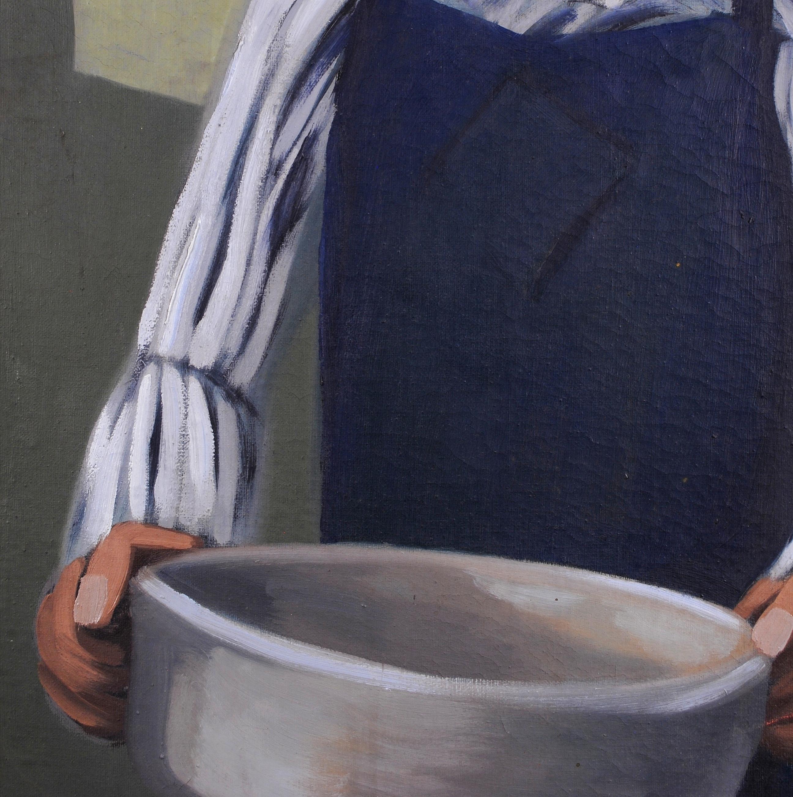 Man with a Bowl - Mid 20th Century Modern British Portrait Oil Painting For Sale 6