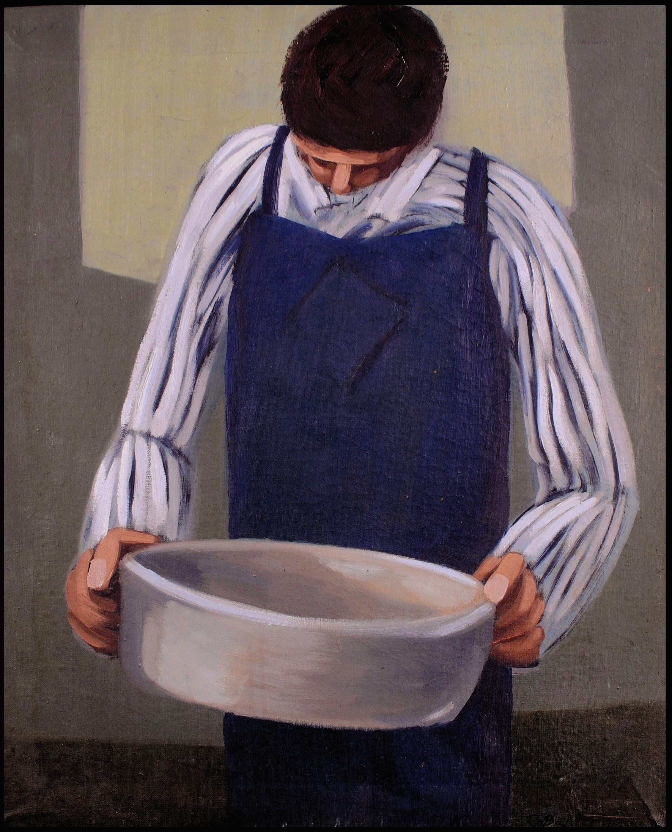 Robert Farquhar Portrait Painting - Man with a Bowl - Mid 20th Century Modern British Portrait Oil Painting