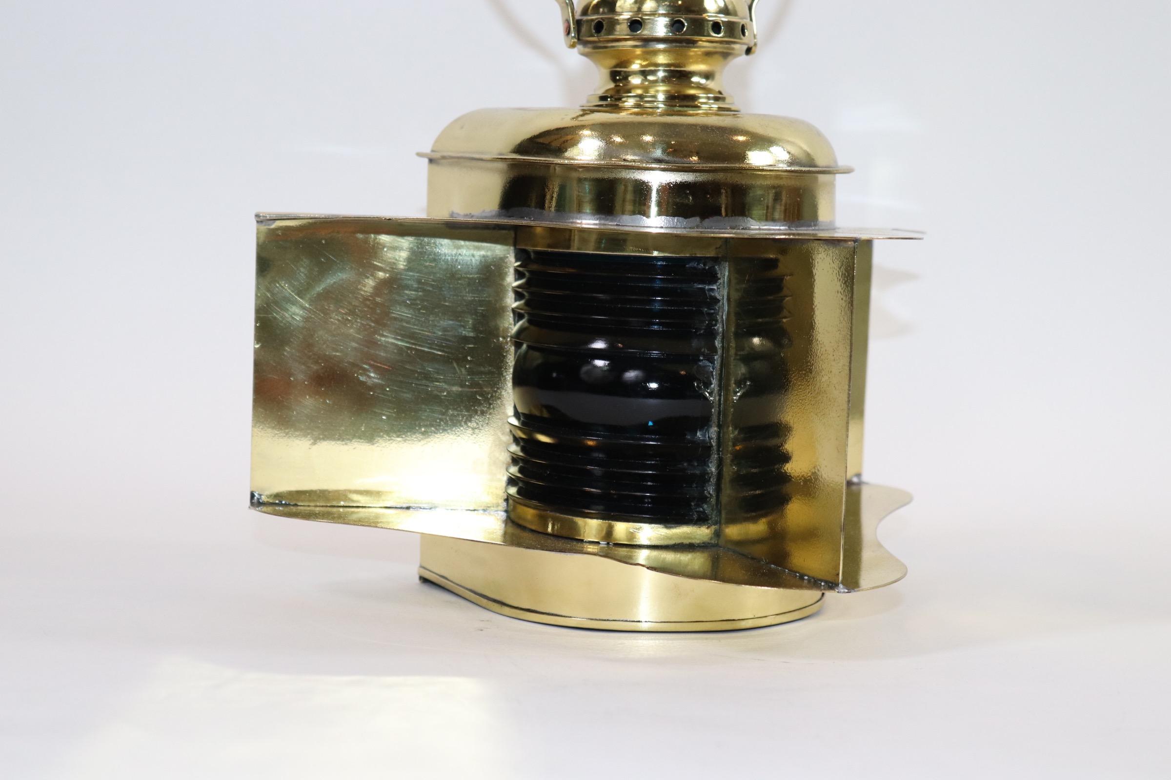 Ship or yacht bow lantern by maker Robert Findlay of New York. With red and blue Fresnel glass lenses, hinged rear door, vented top, carry handle, etc. Weight is 6 pounds.