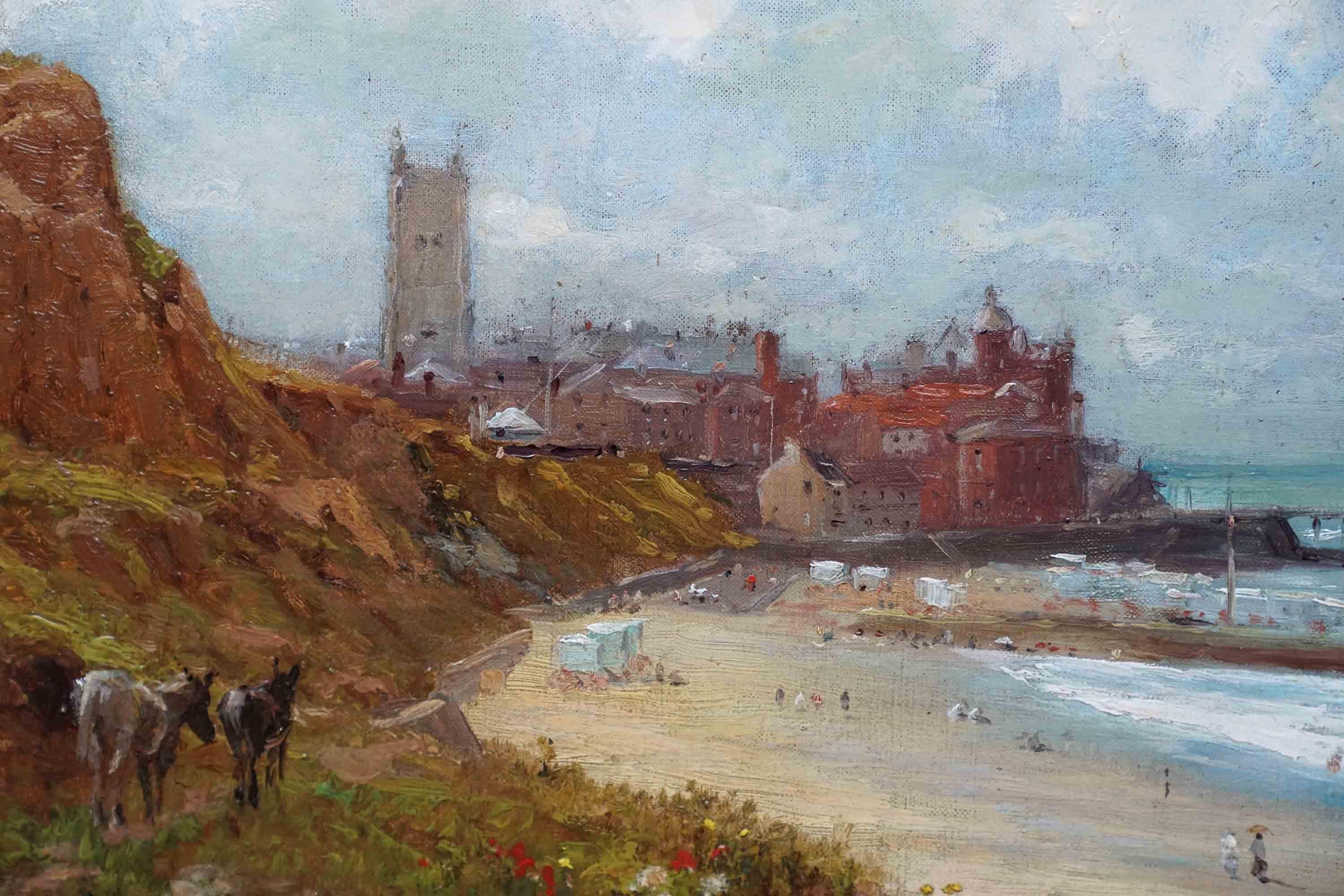 his lovely British Impressionist  19th century coastal landscape oil painting is by noted artist Robert Finlay McIntyre. Painted circa 1880 it is a view along the beach from part way down the cliffs towards Cromer, Norfolk. One can clearly see the