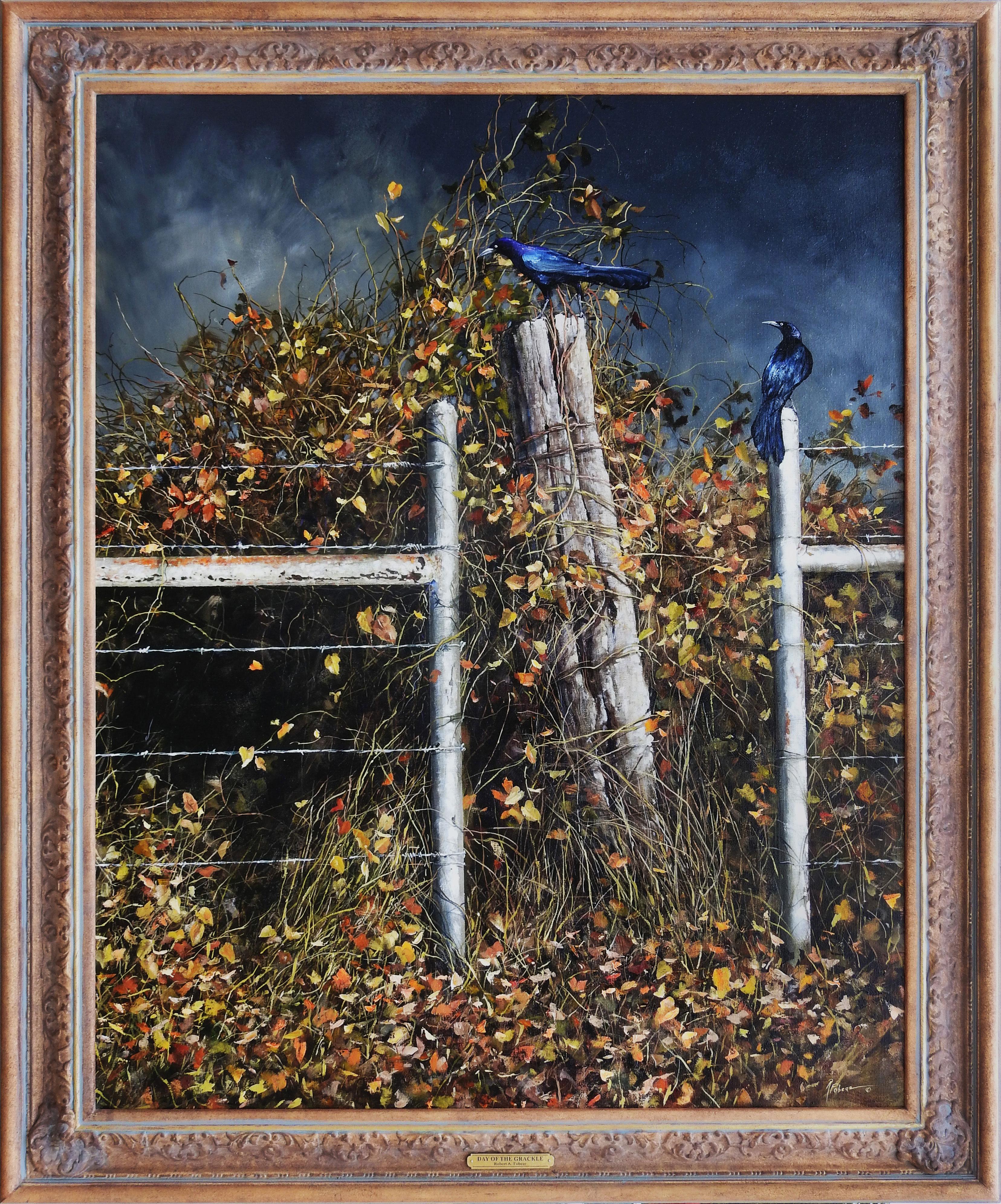 "Calling for Rain" ist ein Original-Öl auf Leinen Gemälde von Texas Künstler Robert Fobear und misst 60x48 Zoll. Dieses atemberaubende Stück fängt die Essenz des Herbstes mit seinen leuchtenden goldenen und grünen Blättern vor einem dunklen und