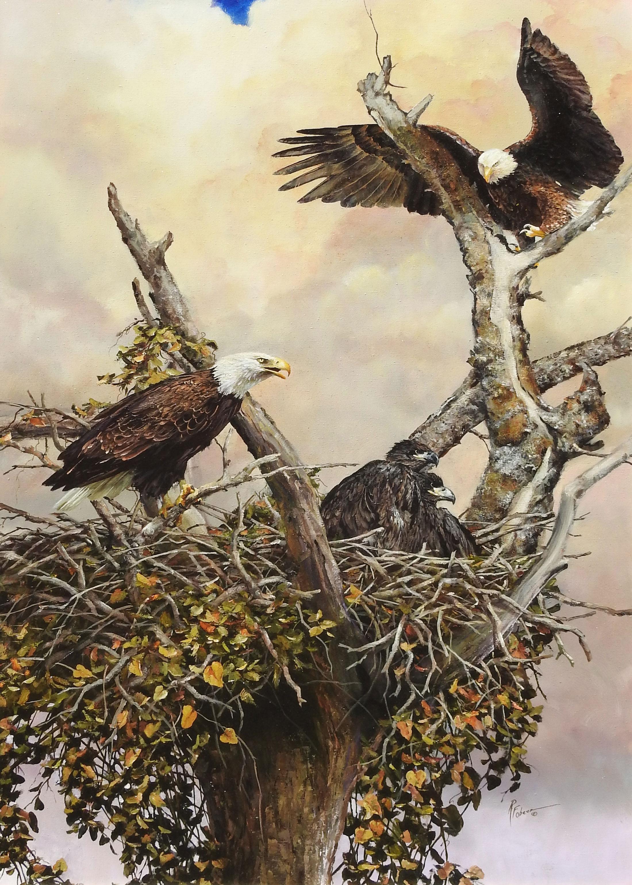 „First Flight, Two Weeks“, Robert Fobear, Original Ölgemälde, 60x40, Wildlife, Eagle im Angebot 10