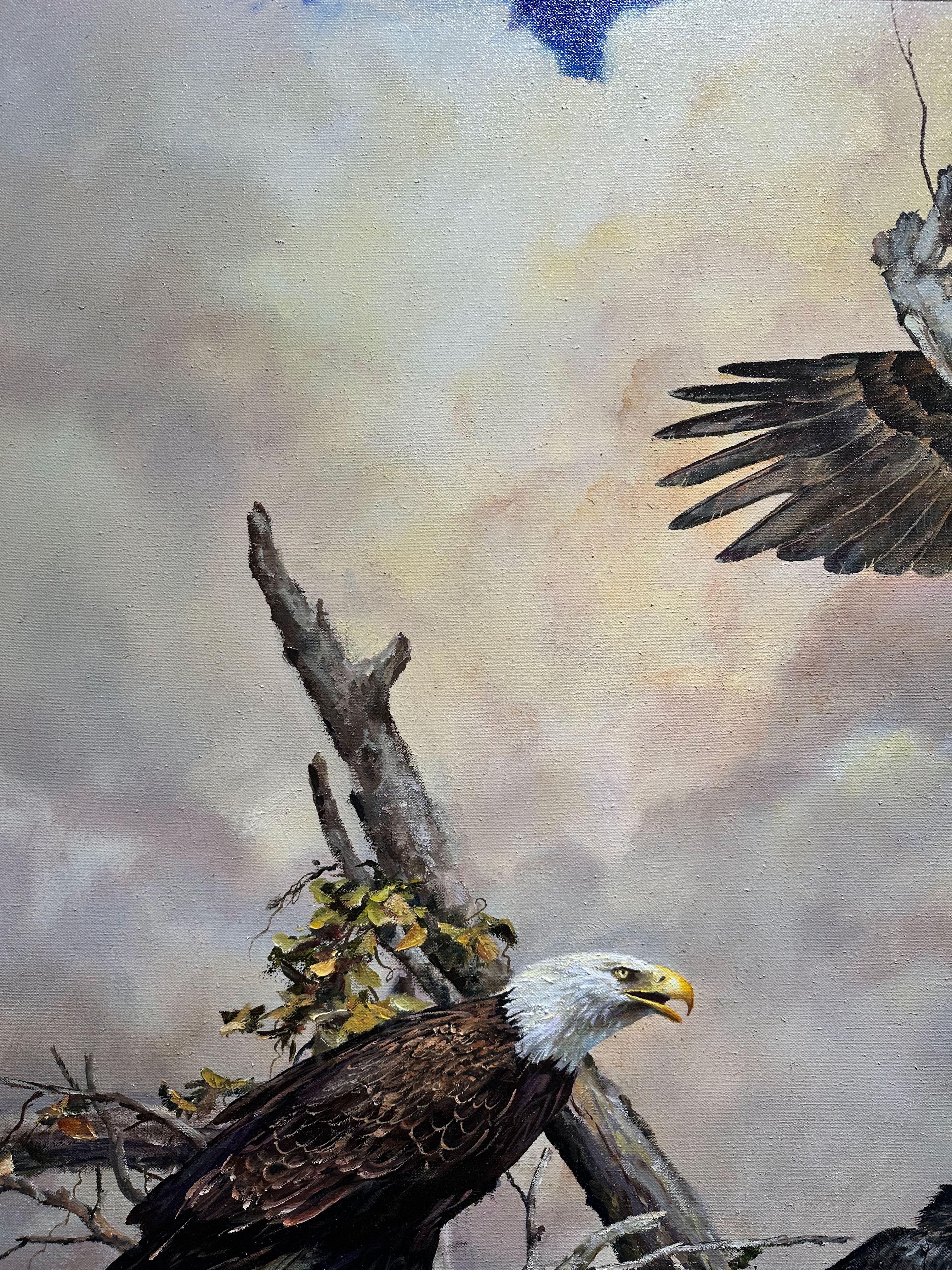 „First Flight, Two Weeks“, Robert Fobear, Original Ölgemälde, 60x40, Wildlife, Eagle im Angebot 7