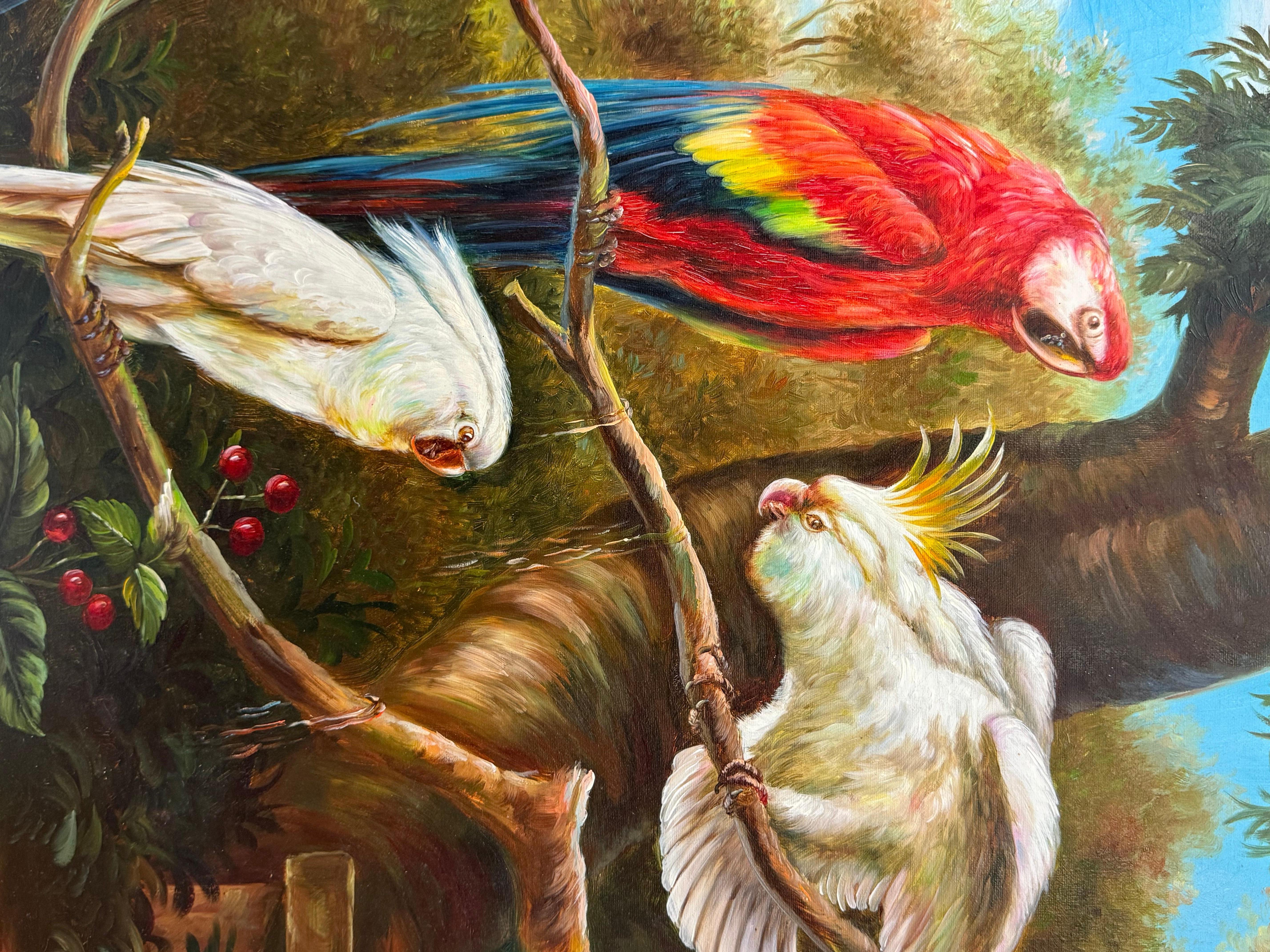 Paysage tropical avec quatre perroquets Robert Fontana en vente 3