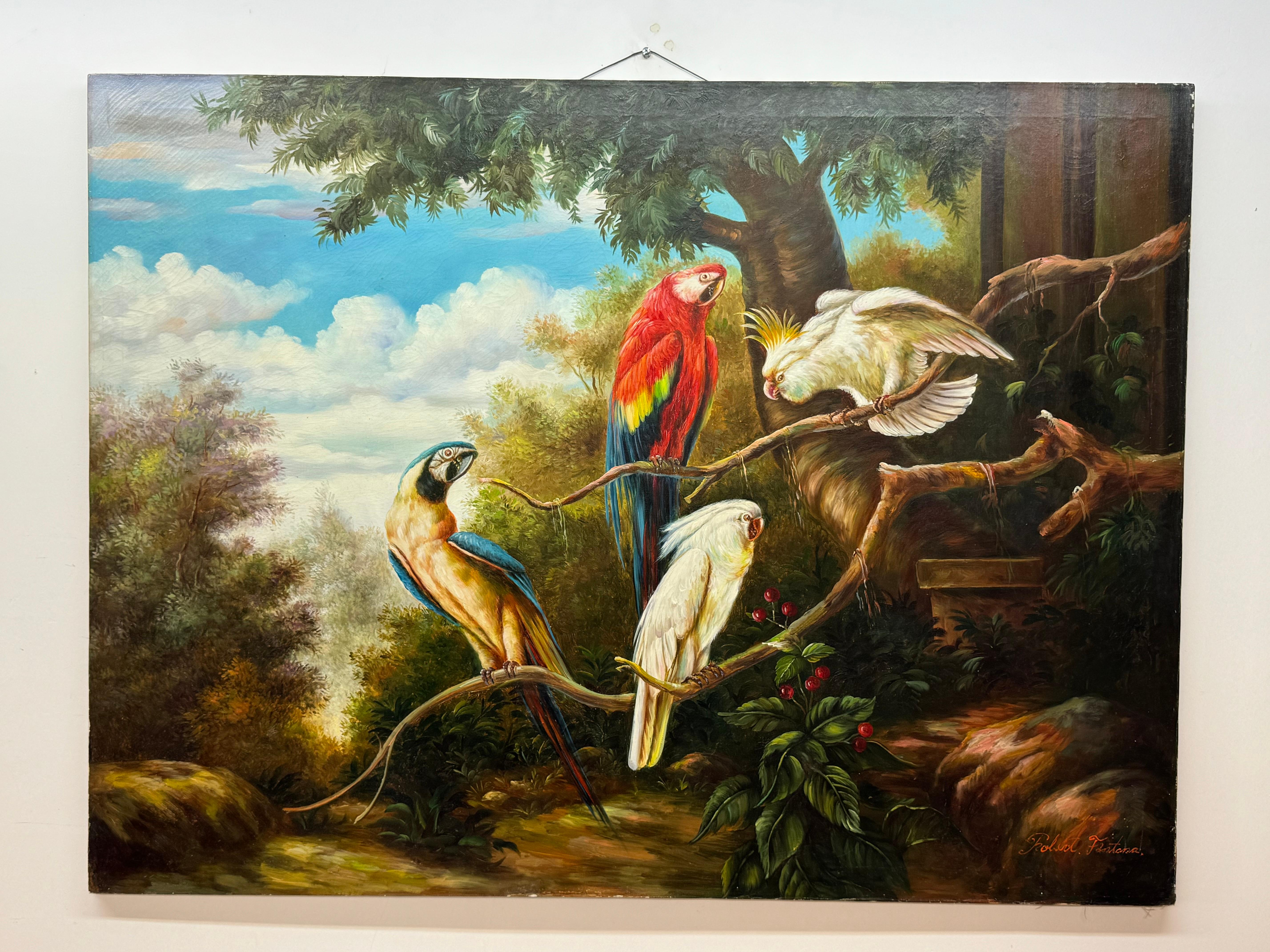 Robert Fontana 

Paysage topique avec quatre perroquets 

Huile sur toile