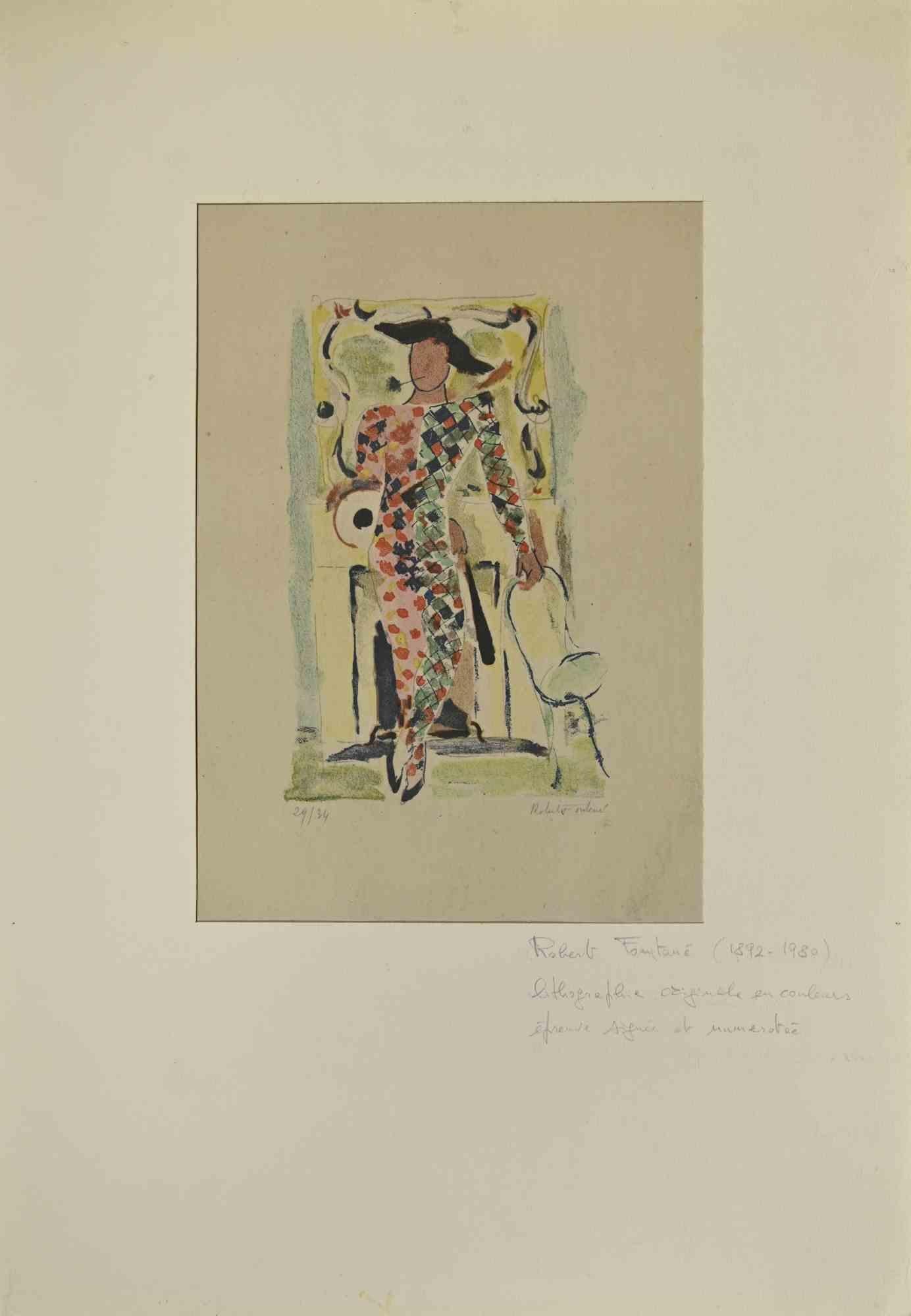 Figurative Print Robert Fontené - Harlequin - Lithographie de Robert The Theitene - Milieu du 20e siècle