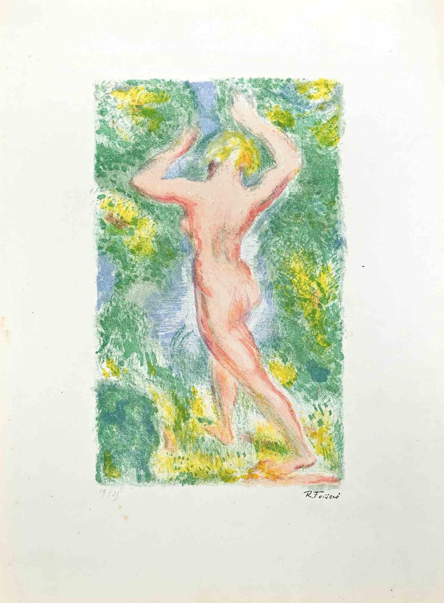 Bathing Nude ist eine Lithographie auf Papier von Robert Fontené aus der Mitte des 20. Jahrhunderts.

Rechts unten handsigniert.

Links unten nummeriert, die Auflage beträgt 19/20 Exemplare.

Das Kunstwerk ist in gutem Zustand mit leichten