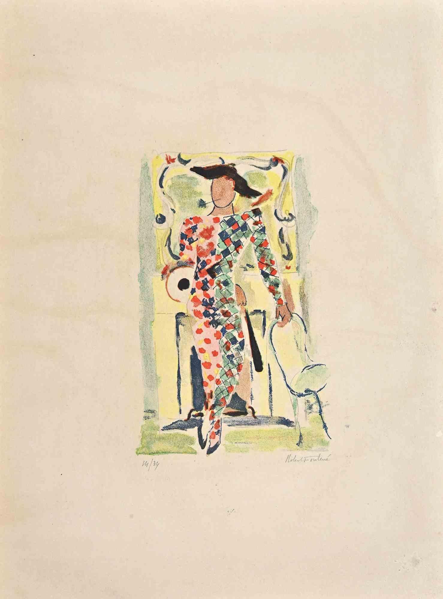 Harlequin - Lithographie originale de Robert Fontn - Milieu du XXe siècle