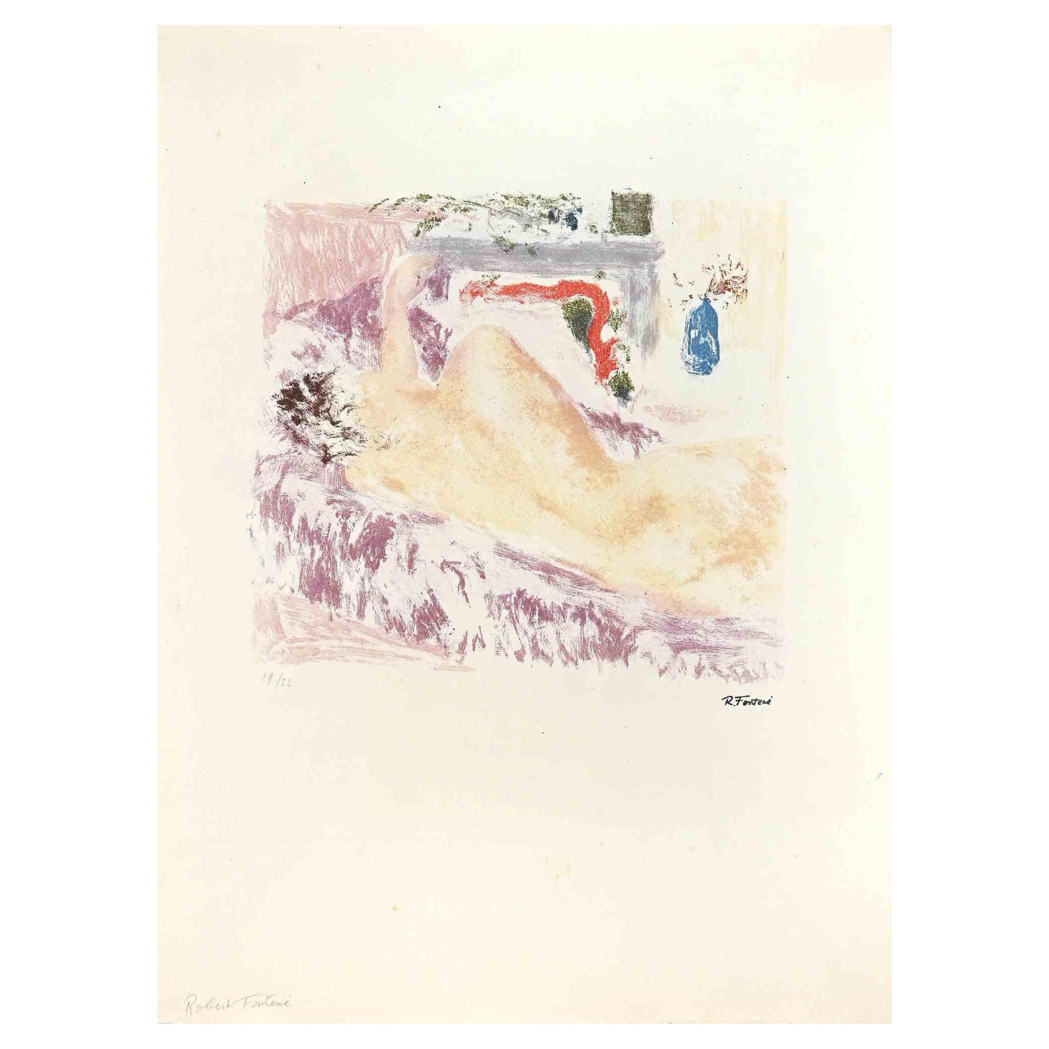 Nu endormi - Lithographie de Robert Fonténé - Milieu du 20e siècle