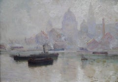Antique Liverpool Docks - Scottish Impressionist oil painting dockland landscape Mersey 