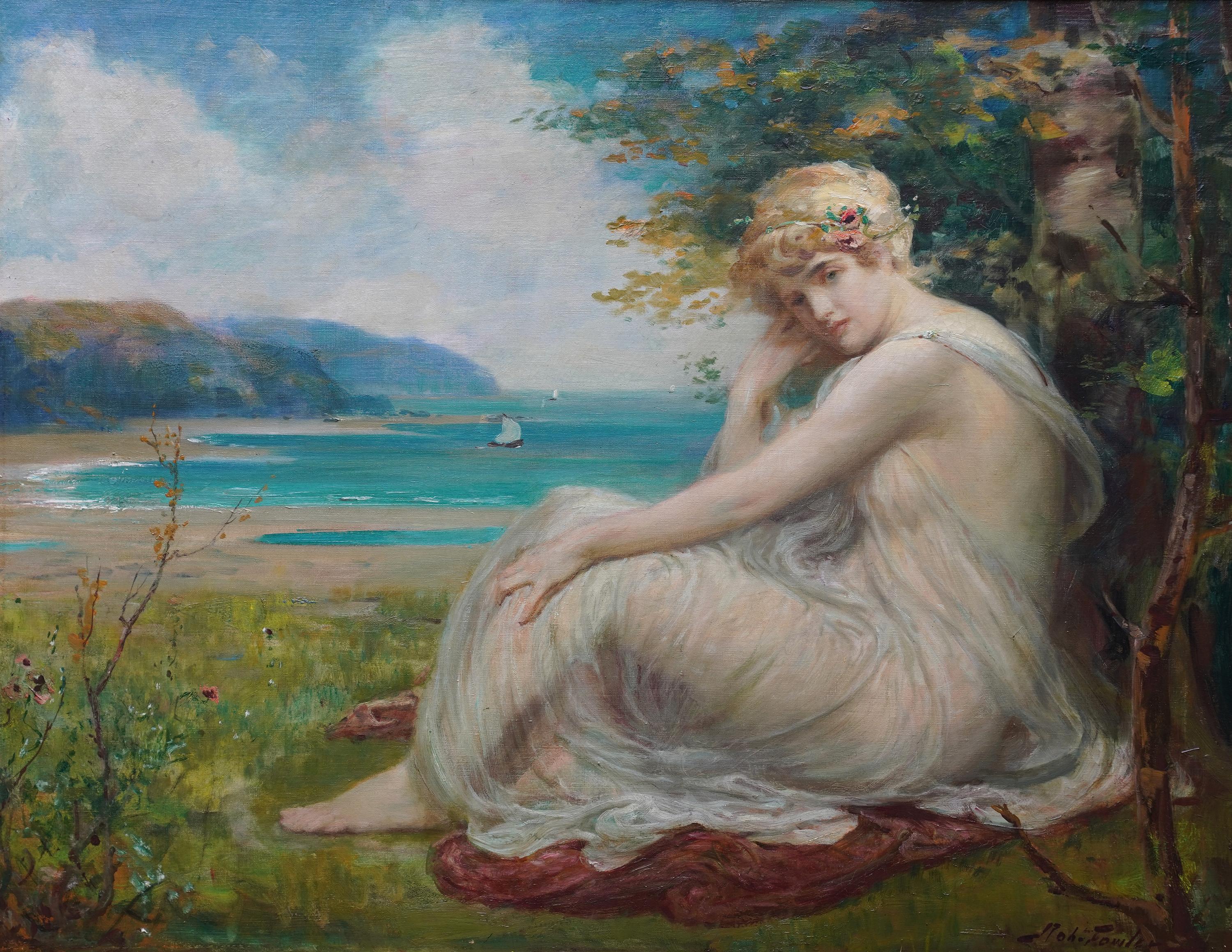 Portrait of Maiden in Coastal Landscape - Scottish Victorian art oil painting - Painting by Robert Fowler