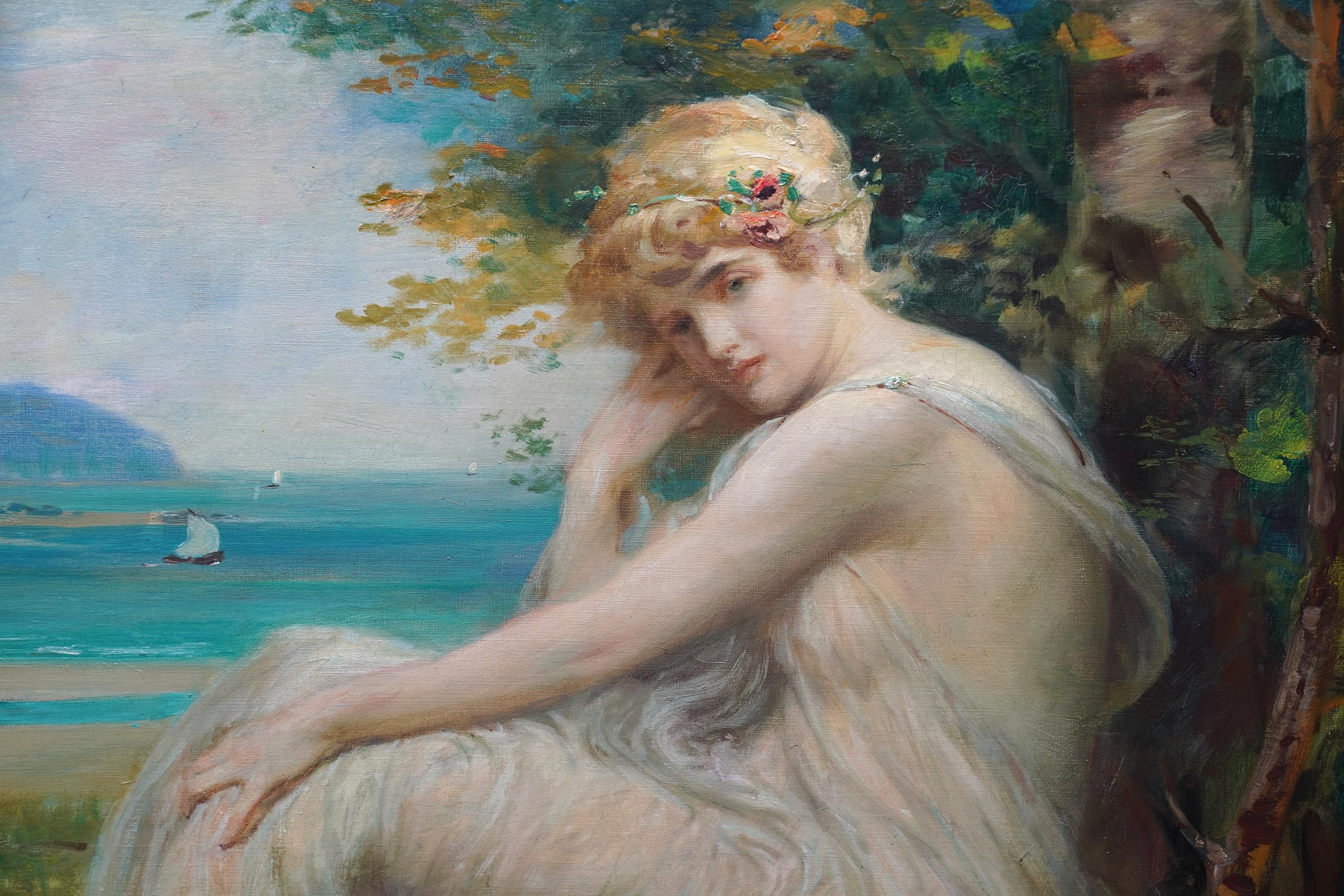 Portrait of Maiden in Coastal Landscape - Scottish Victorian art oil painting For Sale 1