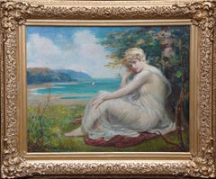 Antique Portrait of Maiden in Coastal Landscape - Scottish Victorian art oil painting