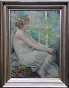 Portrait de  Maiden in Landscape - Écosse 19e siècle préraphaélite  peinture à l'huile