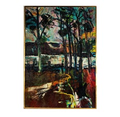 Twilight Trees Oil Painting, Modern Landscape, Signed, 1965, Framed