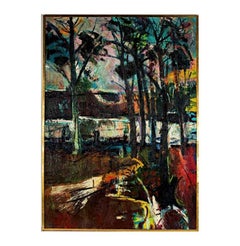 Twilight Trees Oil Painting, Modern Landscape, Signed, 1965, Framed