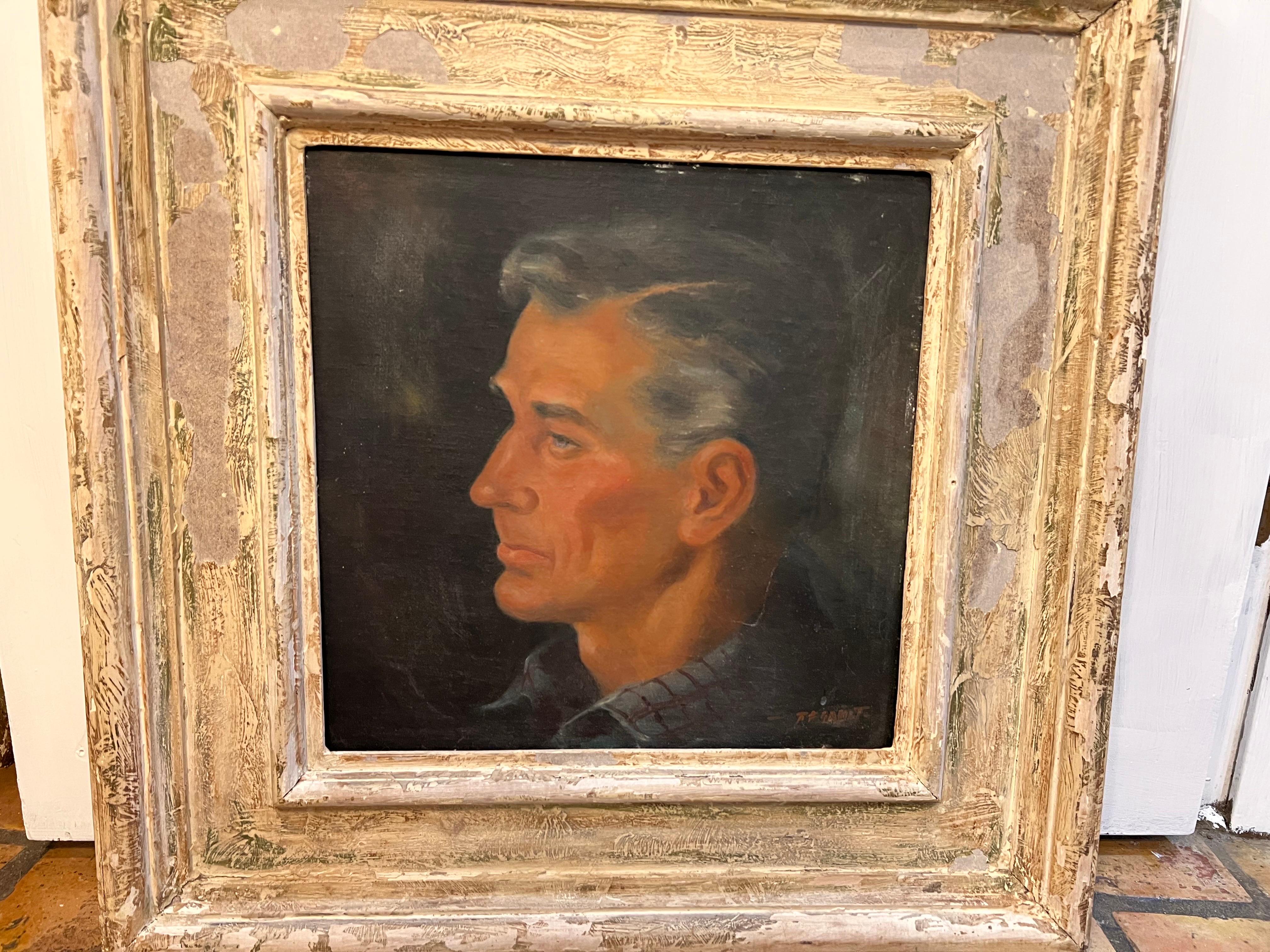 Robert Franklin Gault ( 1989-1977) Signed Portrait of a Male . Oil on board
Nice compostition of a male singend lower right. In a shabby chic white washed frame . This item can parcel ship for $49.
Robert F. Gault was an American Impressionist