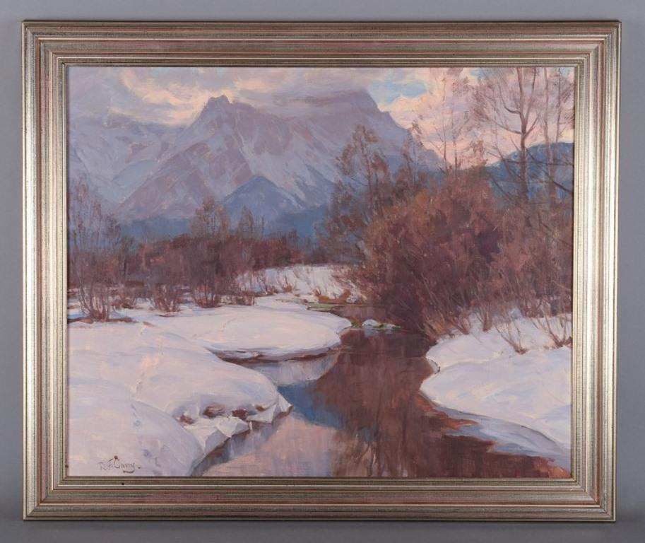 Robert Franz Curry (1872-1945), börsennotierter amerikanischer Künstler.
Öl auf Leinwand.
Winterlandschaft mit Bergen im Hintergrund.
Ungefähr in den 1930er Jahren.
In ausgezeichnetem Zustand.
Unterschrieben.
Maße der Leinwand: B 73,0 cm x H 59,0