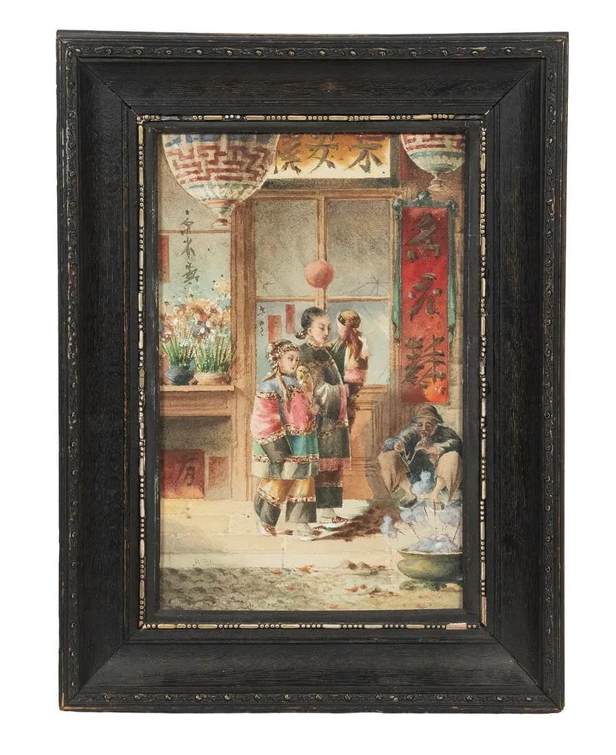 Mutter und Kinder auf der Straße in Chinatown, San Francisco, Aquarell auf Papier, signiert 