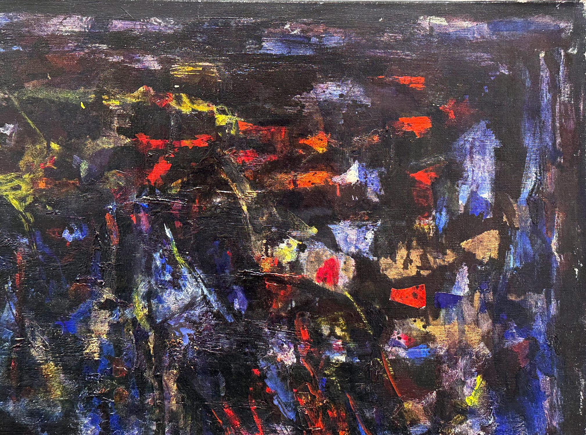An abstract Mid-Century piece with dark color tones accentuated with the use of basic colors, blue, red and yellow. In this abstract composition we can see outlined 4 figures, to the right is a figure seated, and on the other 3 figures standing.