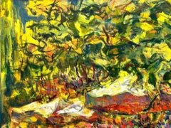 "Al parco" Paesaggio astratto con figure Pittura a olio americana su tela