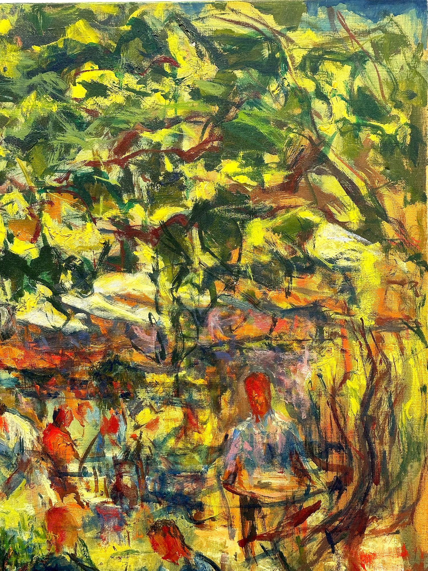 An abstract Mid-Century piece with a bright color palette, with the use of green, yellow, orange, red, burnt sienna, black, pink, white, and blue, among others. In this abstract composition, we find all the figures seated and enjoying a meal under