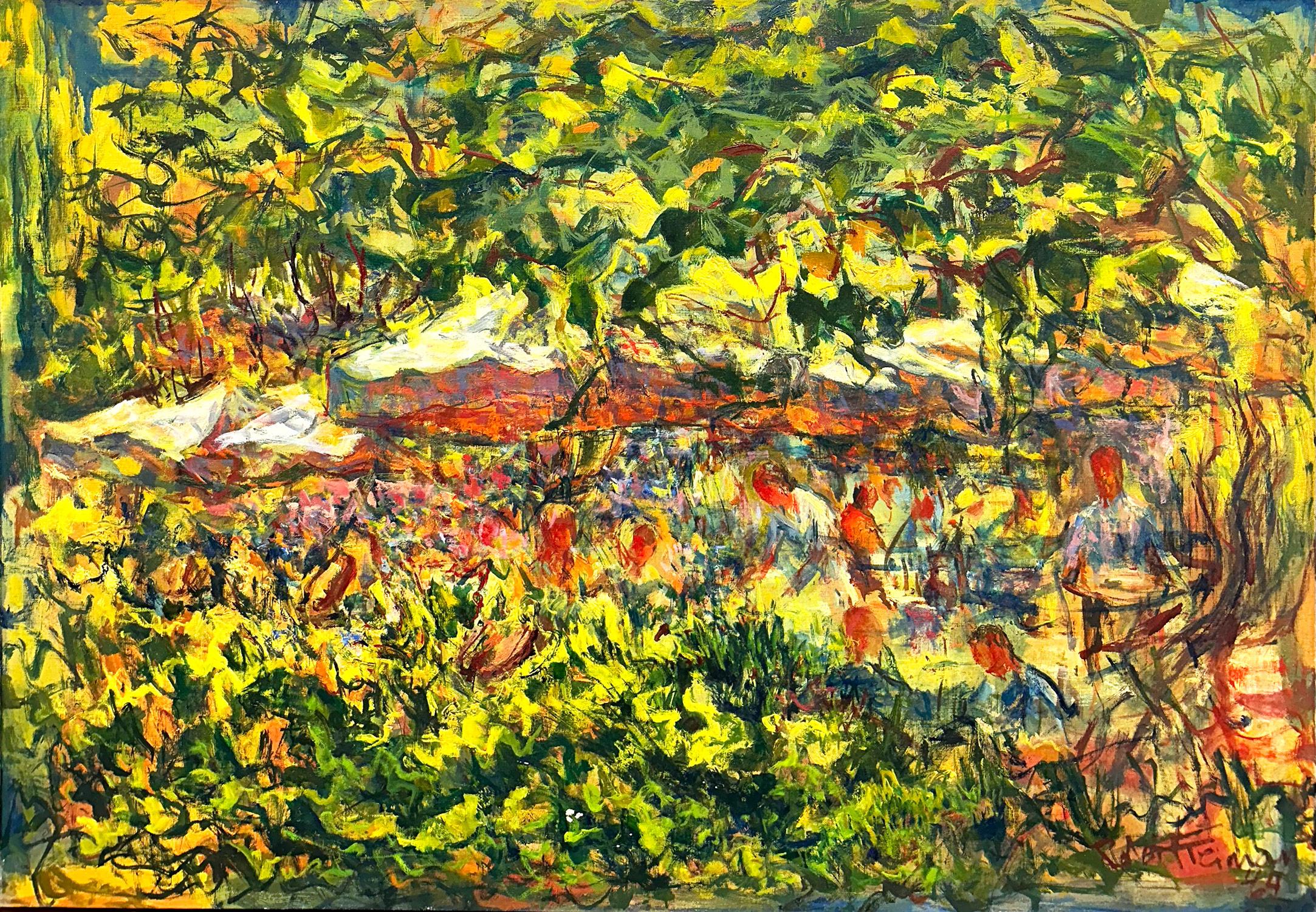 "Al parco" Paesaggio astratto con figure Pittura a olio americana su tela