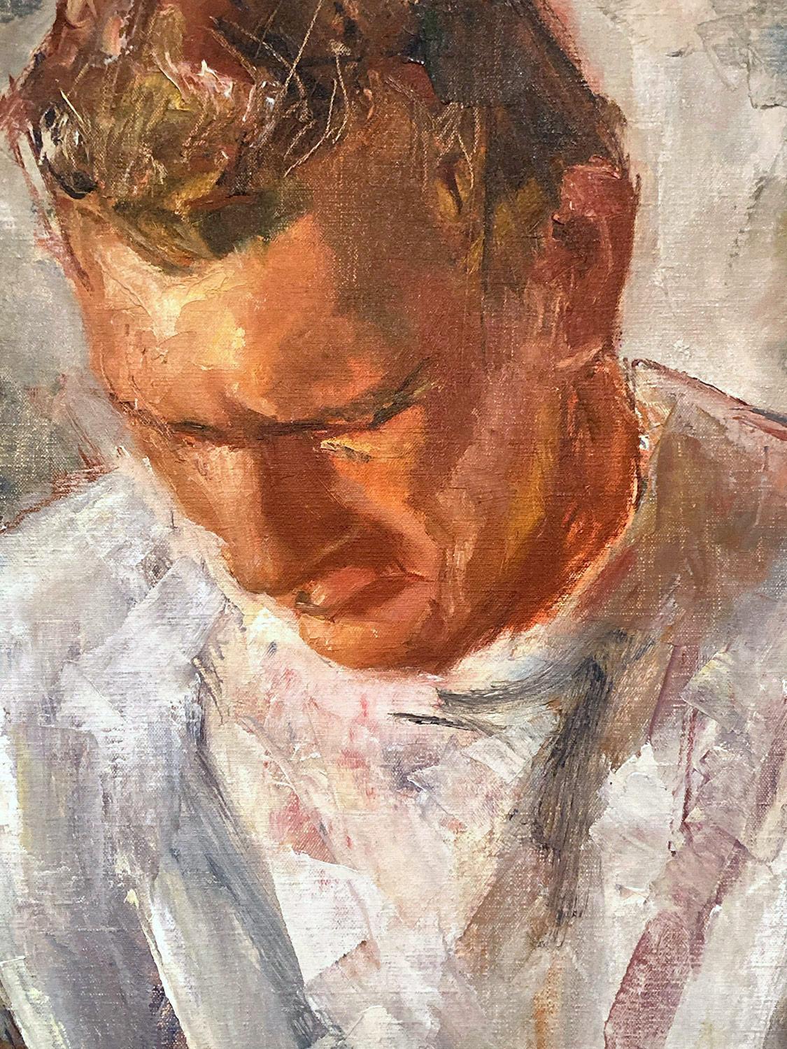 « Portrait d'un homme écrivant » - Peinture à l'huile sur toile américaine du milieu du 20e siècle - Painting de Robert Freiman