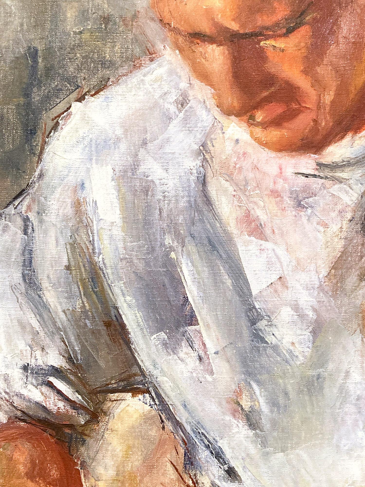 « Portrait d'un homme écrivant » - Peinture à l'huile sur toile américaine du milieu du 20e siècle - Impressionnisme américain Painting par Robert Freiman