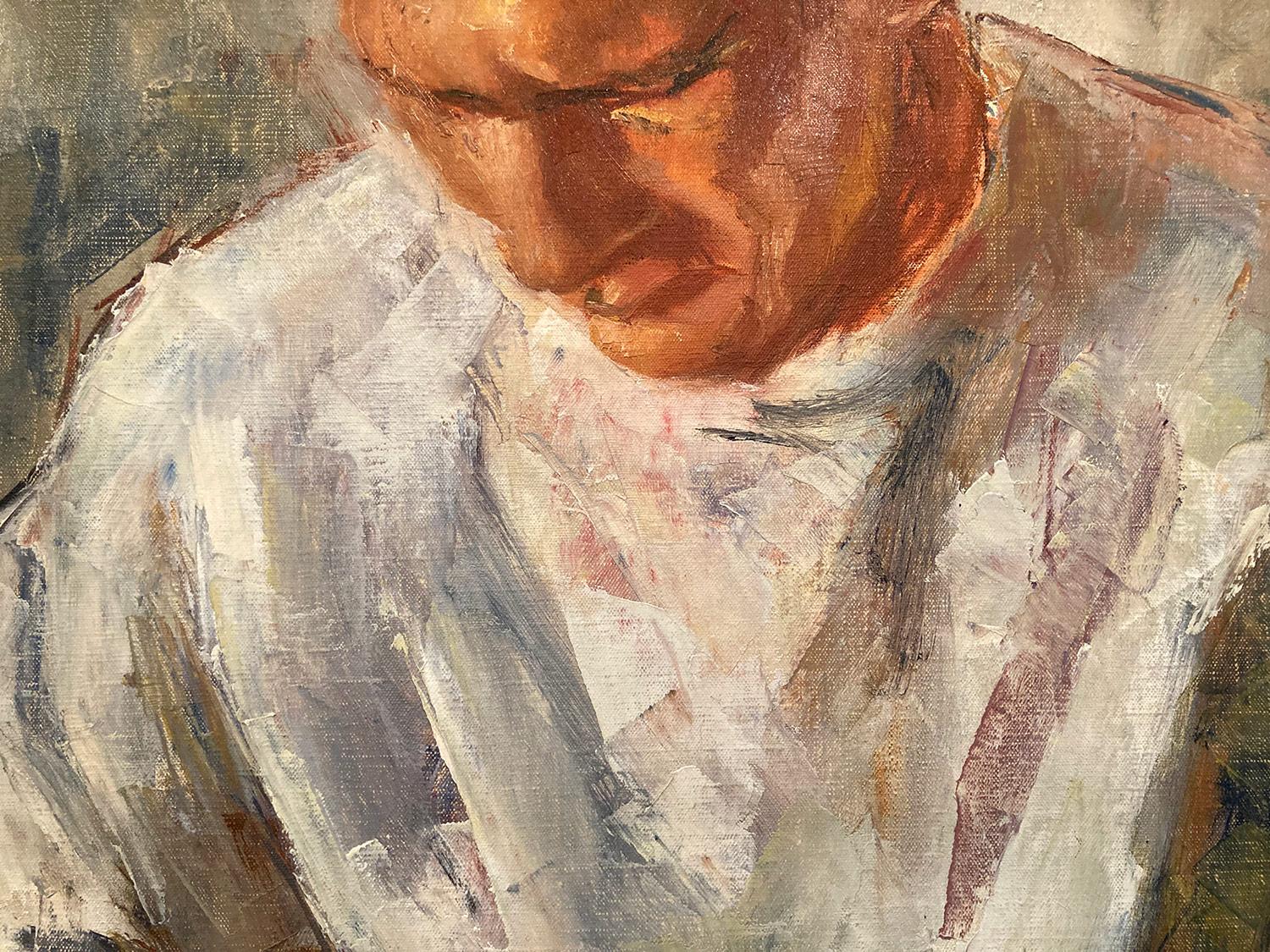 « Portrait d'un homme écrivant » - Peinture à l'huile sur toile américaine du milieu du 20e siècle en vente 3