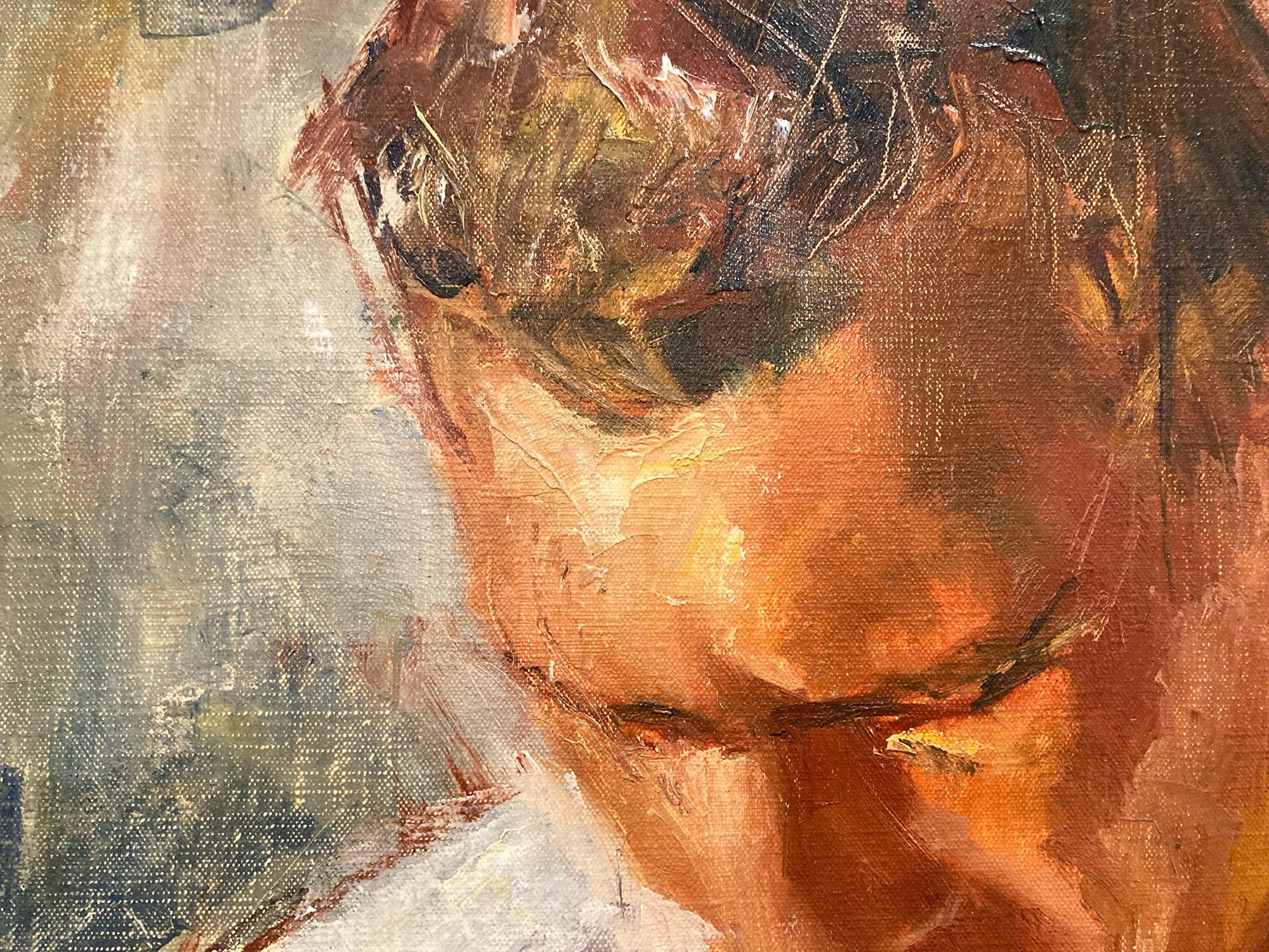 « Portrait d'un homme écrivant » - Peinture à l'huile sur toile américaine du milieu du 20e siècle en vente 4