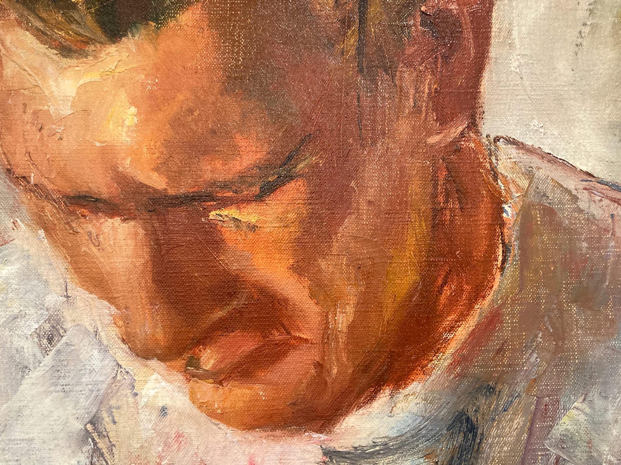 « Portrait d'un homme écrivant » - Peinture à l'huile sur toile américaine du milieu du 20e siècle en vente 5