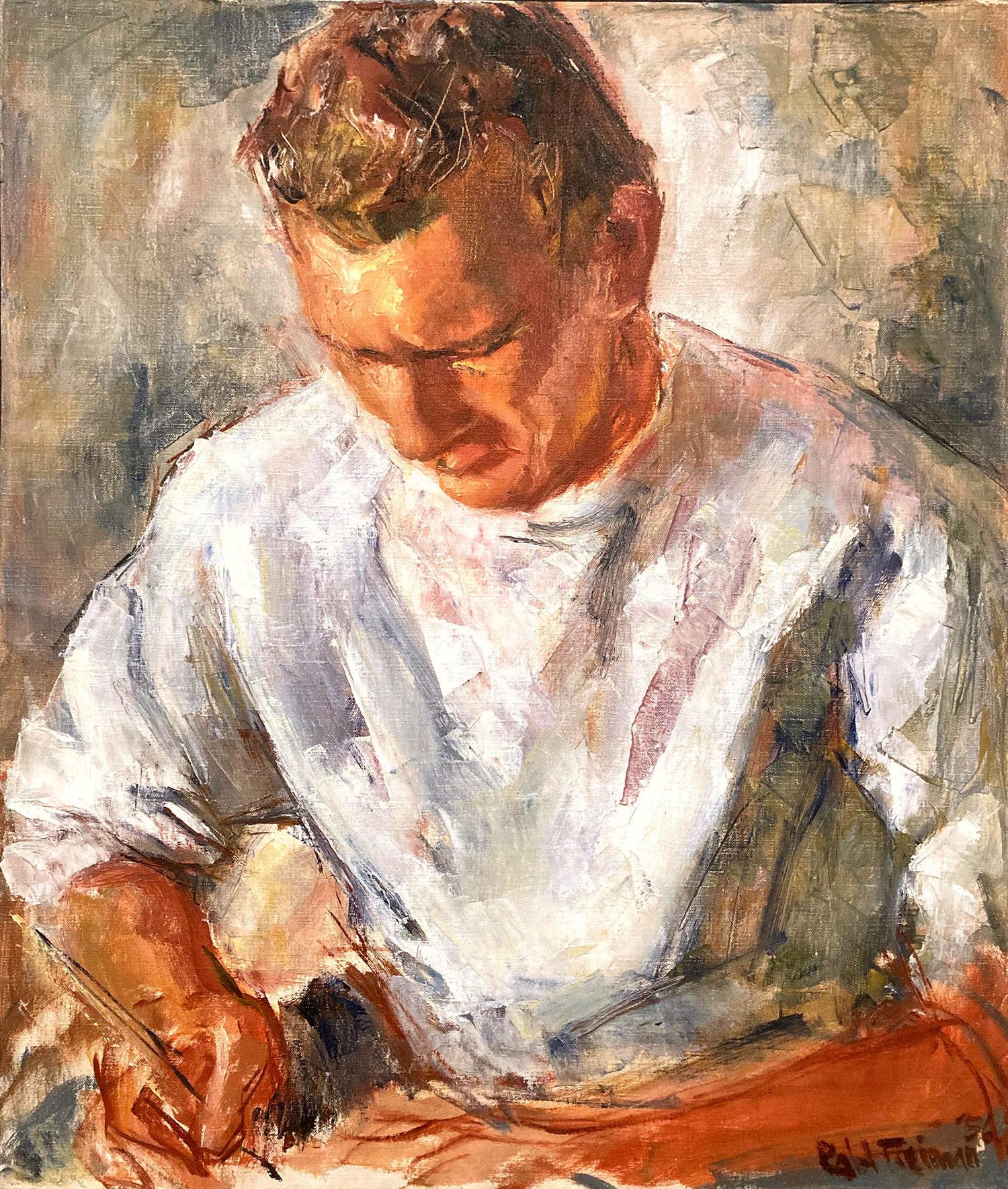 Figurative Painting Robert Freiman - « Portrait d'un homme écrivant » - Peinture à l'huile sur toile américaine du milieu du 20e siècle