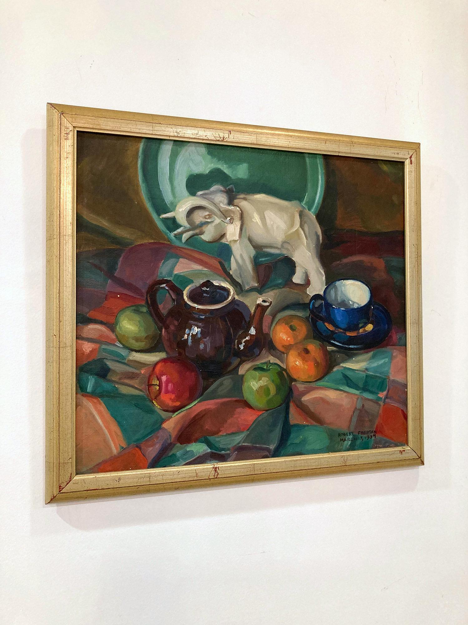 American 20th Century Oil Painting Still Life of Fruits & Tea Set from 1934 For Sale 8