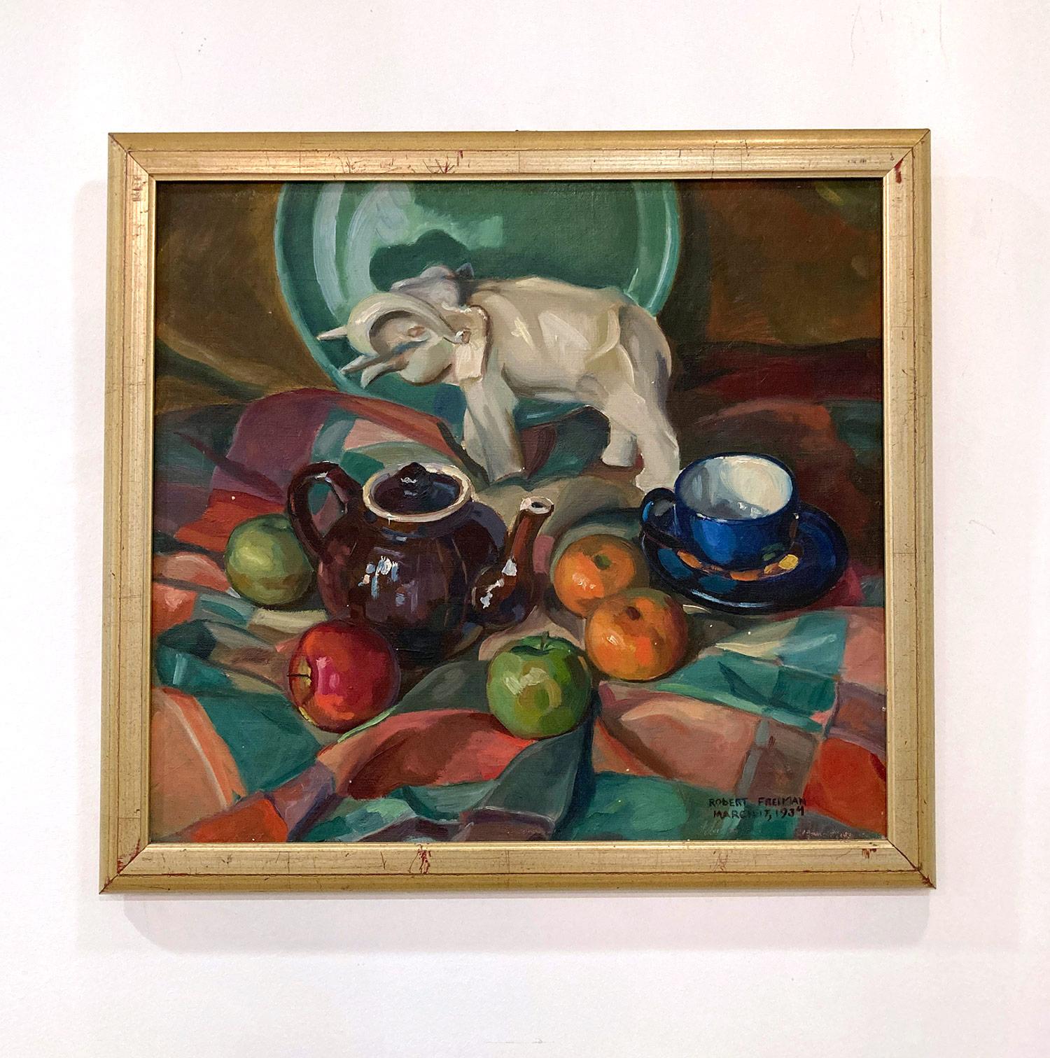 American 20th Century Oil Painting Still Life of Fruits & Tea Set from 1934 For Sale 9