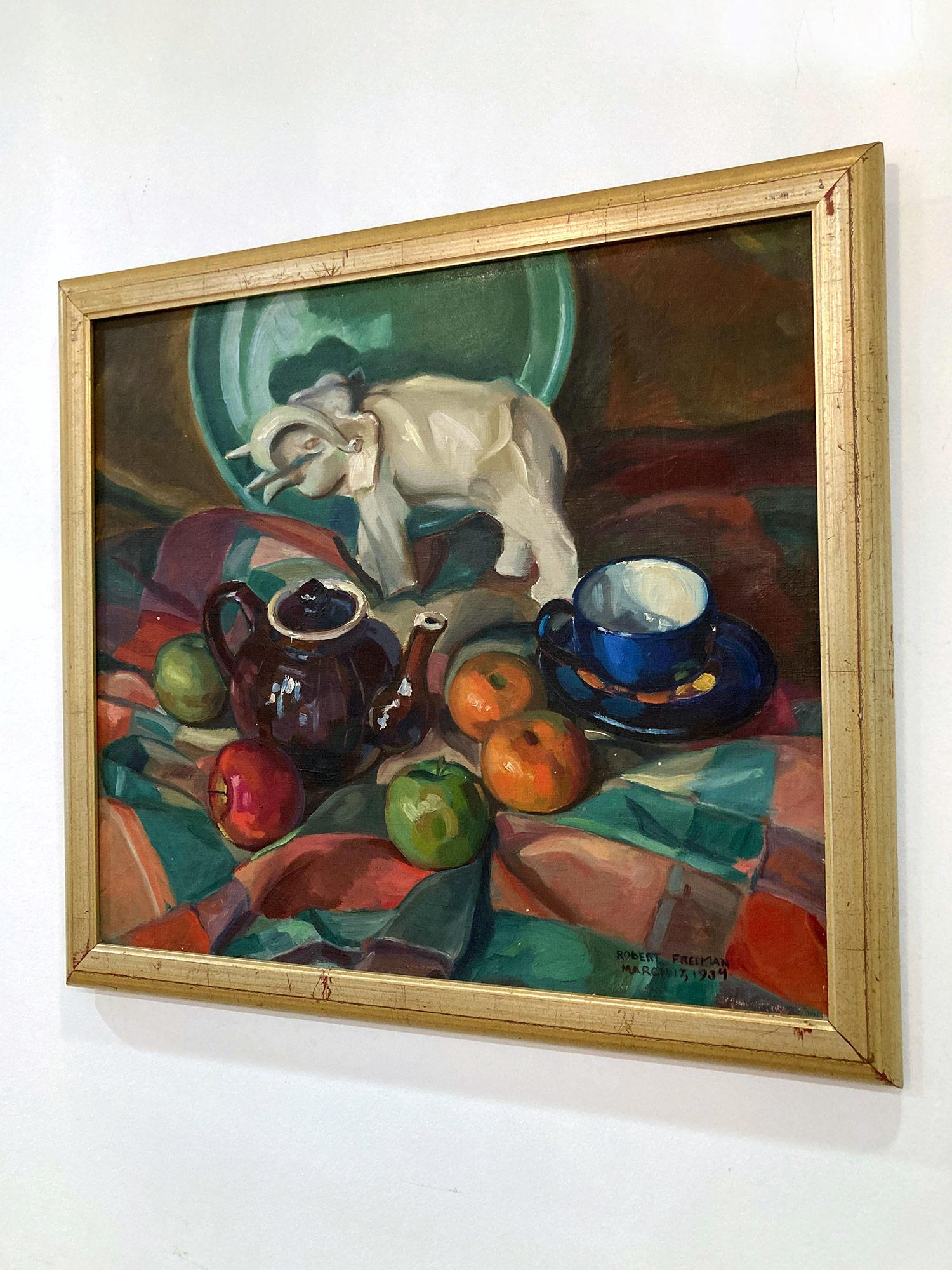 American 20th Century Oil Painting Still Life of Fruits & Tea Set from 1934 For Sale 10