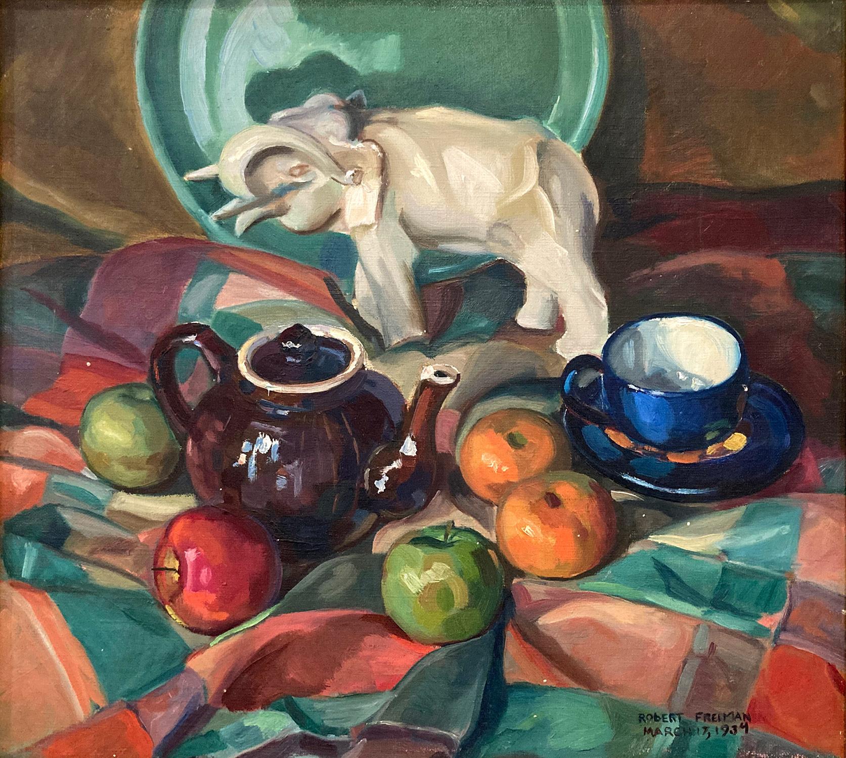 American 20th Century Oil Painting Still Life of Fruits & Tea Set from 1934 - Black Figurative Painting by Robert Freiman