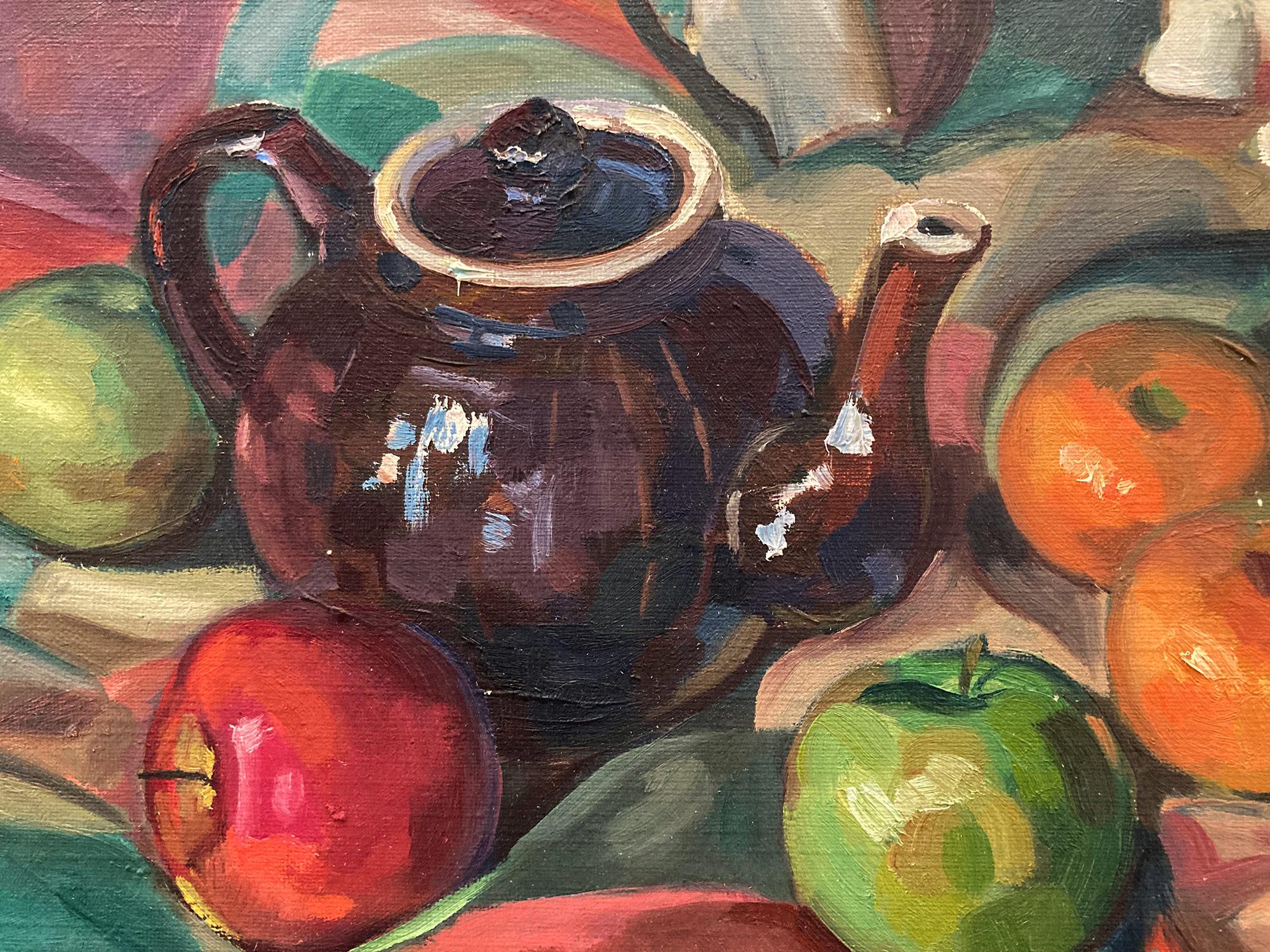 American 20th Century Oil Painting Still Life of Fruits & Tea Set from 1934 For Sale 1